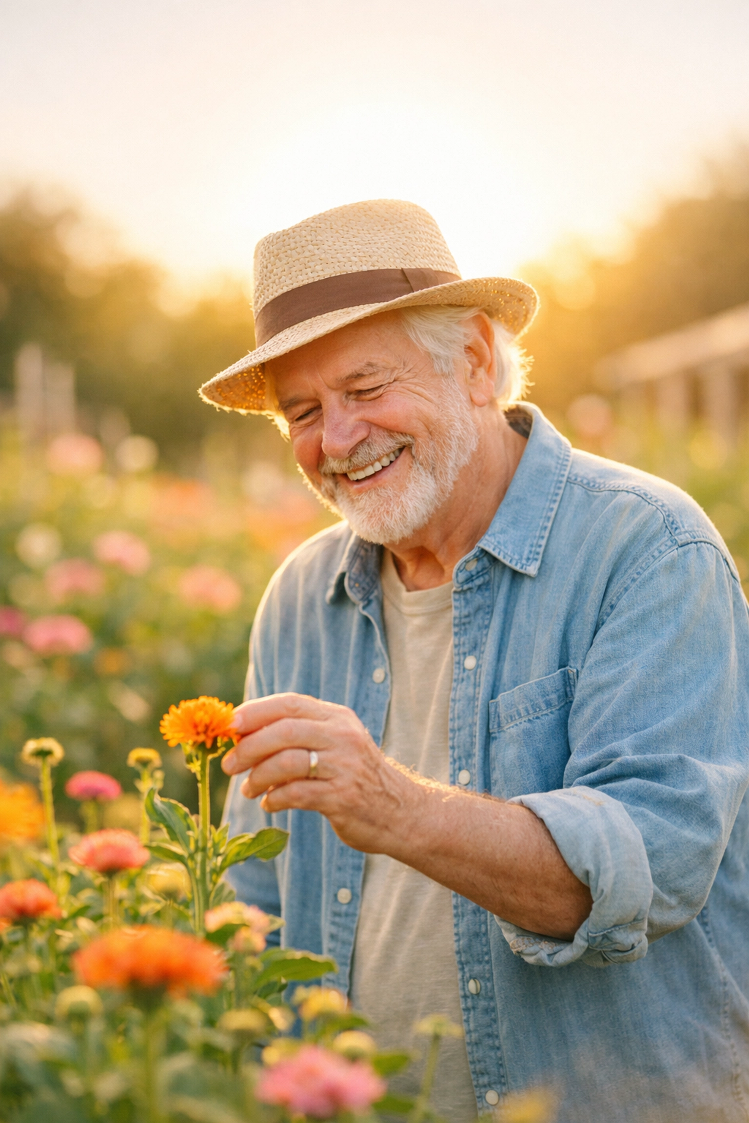 Happy older man enjoying a garden, rediscovering joy and purpose through senior therapy.