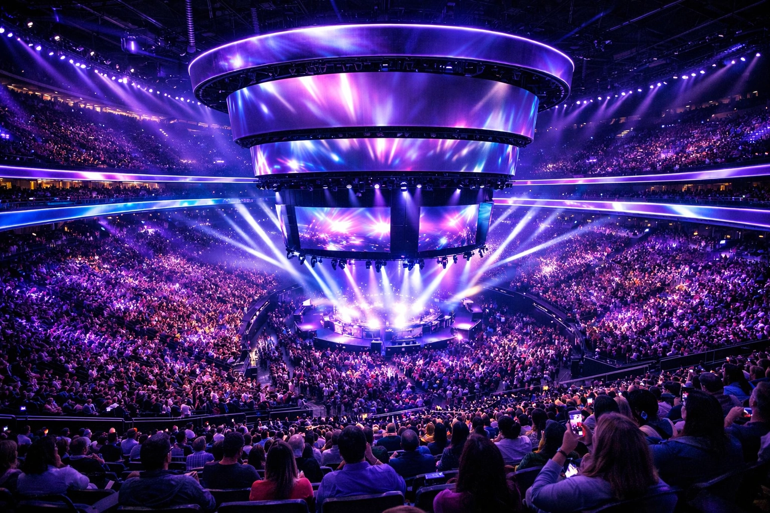 A modern arena transformed into a smart entertainment hub with immersive LED lighting and digital displays.