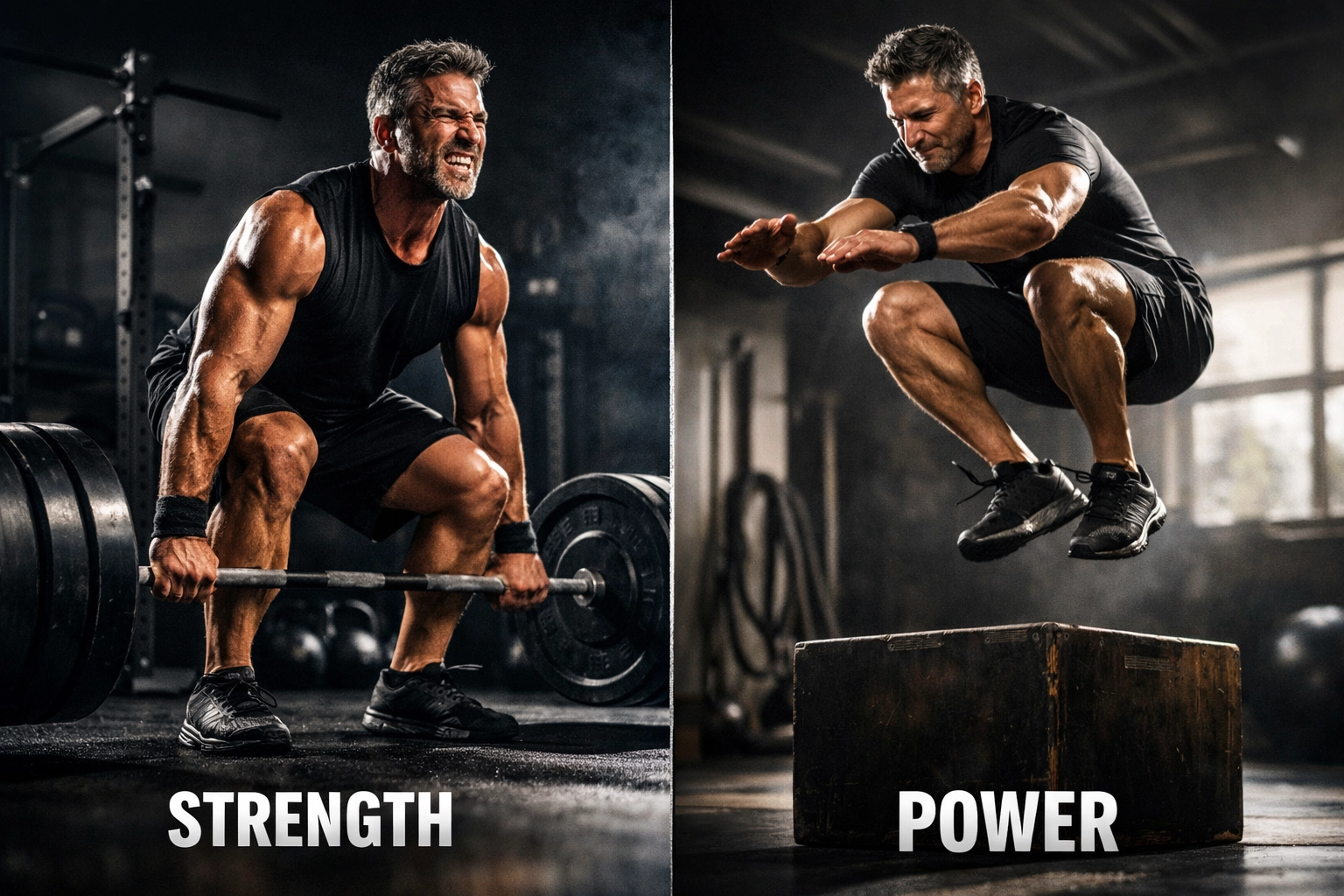 A 45-year-old man demonstrating the difference between heavy strength training and explosive plyometric power.