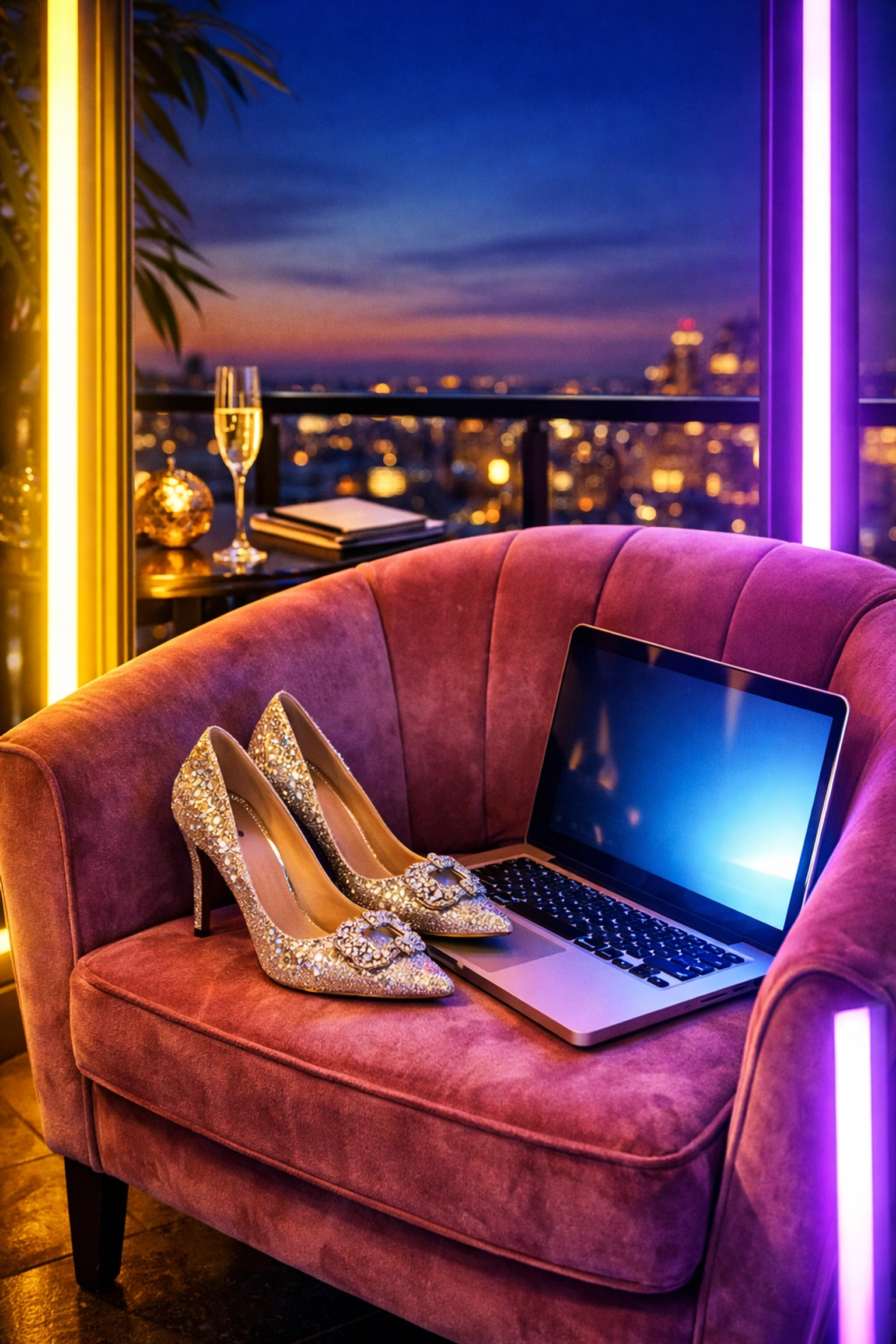 Designer heels next to a laptop at night, symbolizing the transition to a secret office romance.