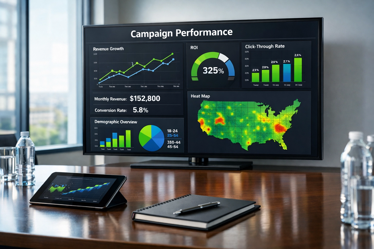 DOOH campaign performance metrics and data analytics displayed on conference room monitor