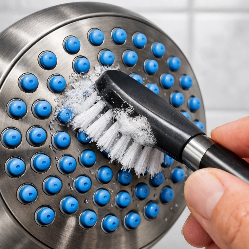 Deep cleaning showerhead nozzles with a soft brush and baking soda to clear mineral clogs.