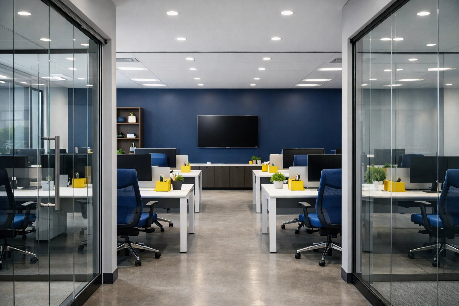 Clean, modern Shirley MA office with blue chairs and yellow accents following professional cleaning services.