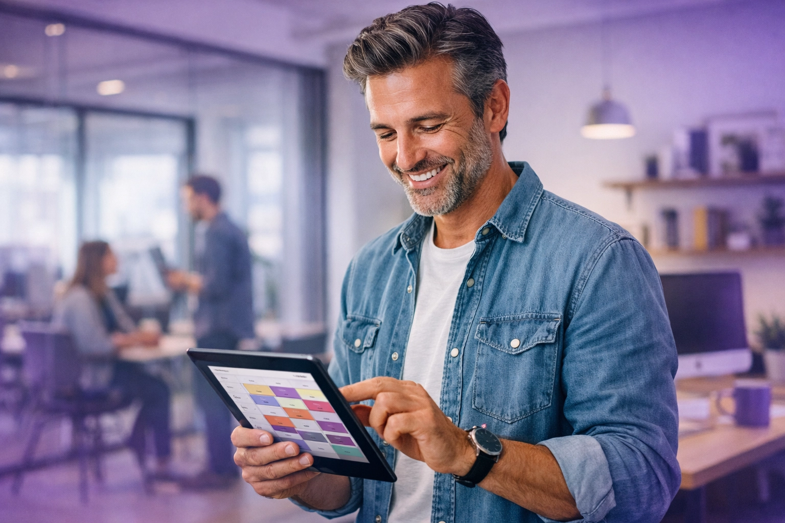 Successful agency founder smiling at a fully booked meeting calendar on a mobile tablet.