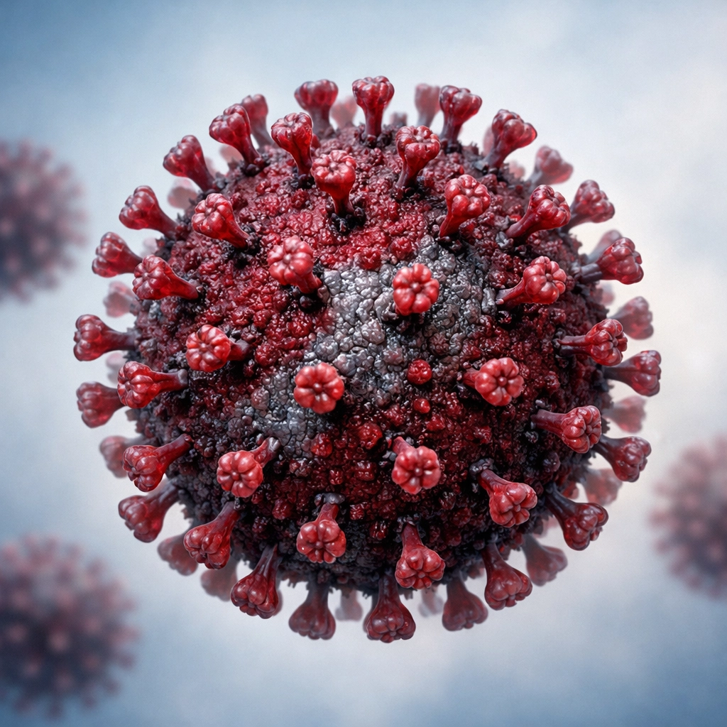 Medical illustration of Nipah virus particle showing structure and spike proteins
