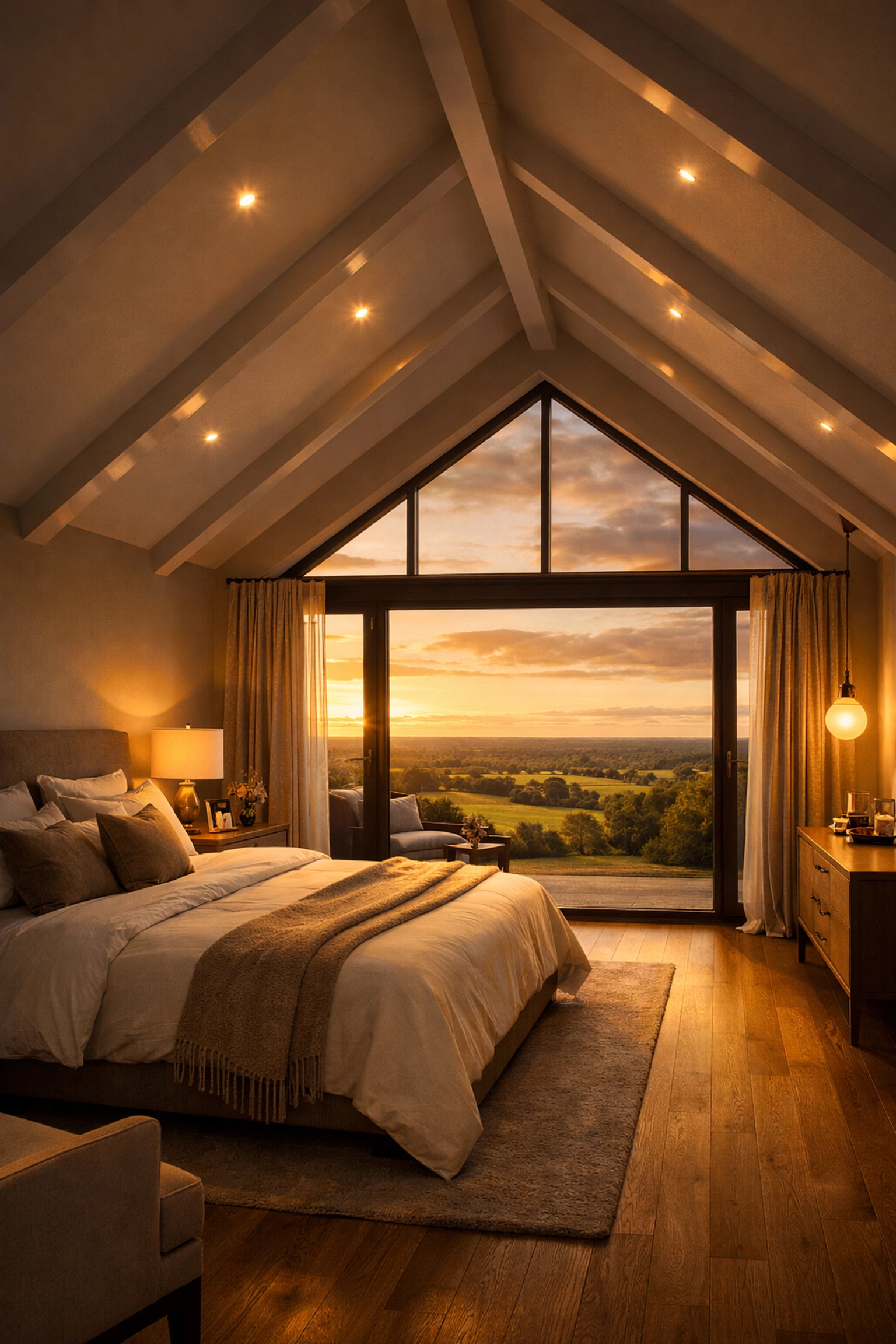 Luxury master suite with vaulted ceilings and scenic views from a transformed West Sussex bungalow.