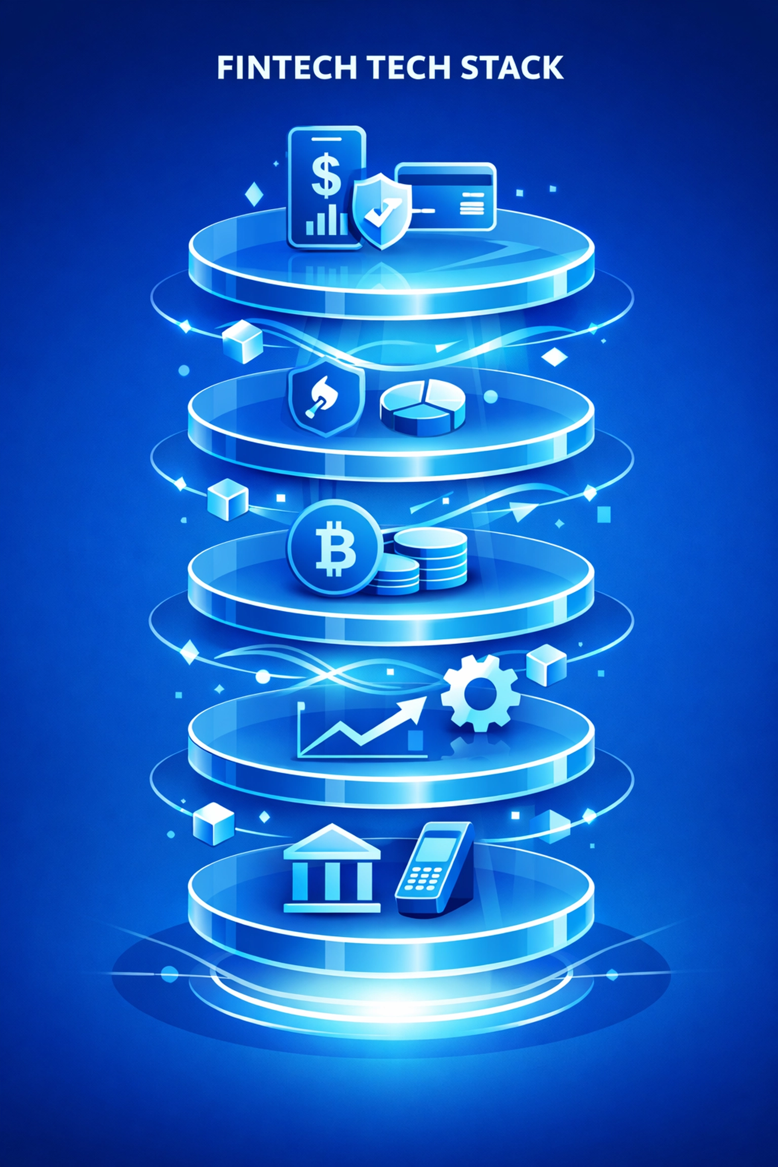 A layered fintech technology stack representing open banking and digital payment infrastructure.