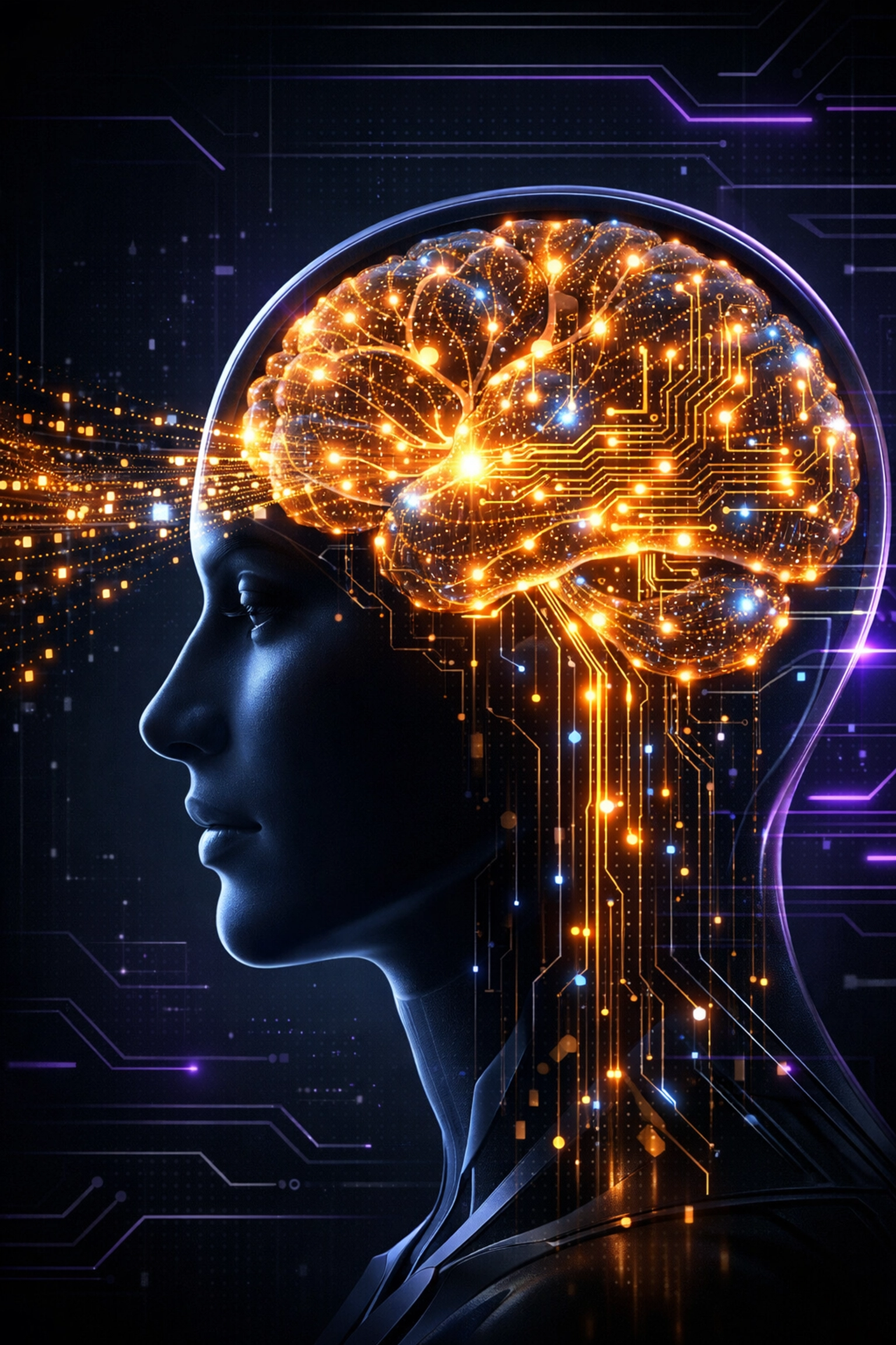 Illustration zur Weiterbildung KI: Die Verbindung von menschlicher Intelligenz und digitaler Technologie.