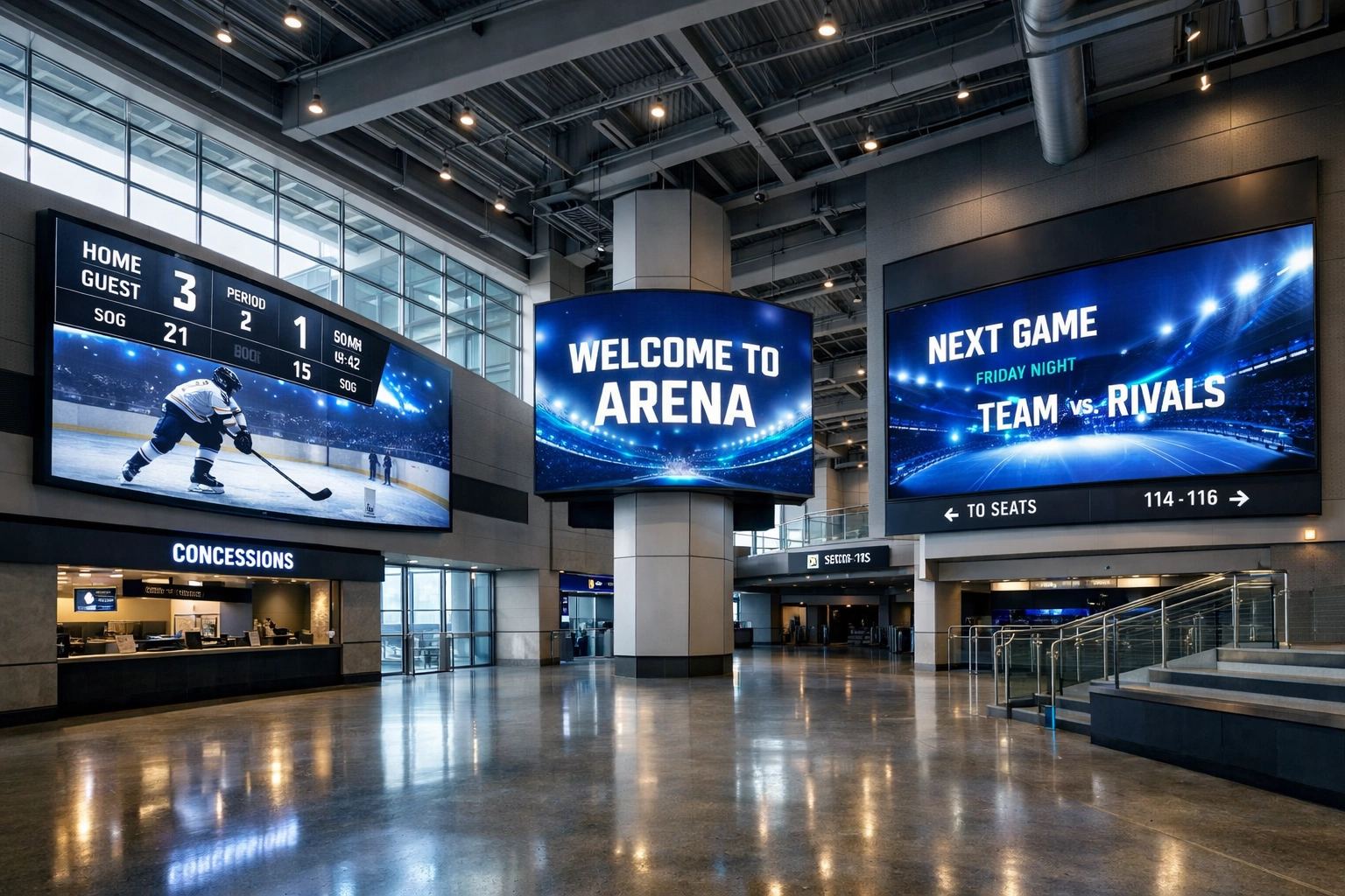 Modern sports arena interior with integrated digital display screens and smart venue technology