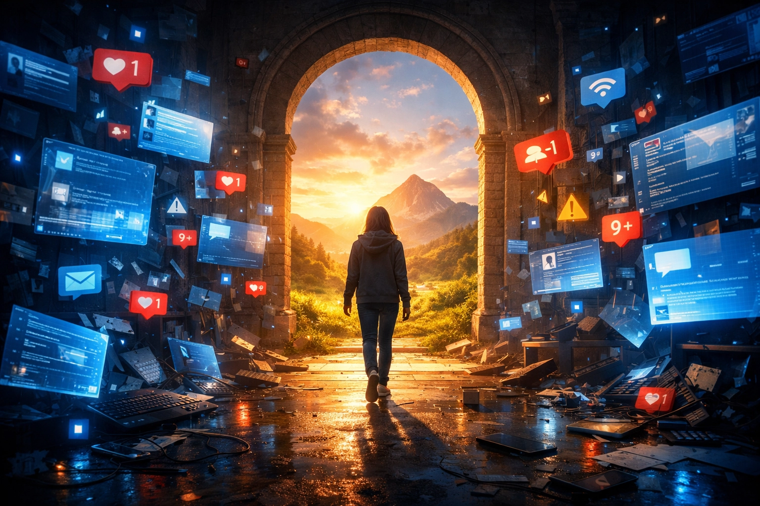 Teen girl walking away from digital screens toward a peaceful sunrise, symbolizing spiritual healing and restoration.