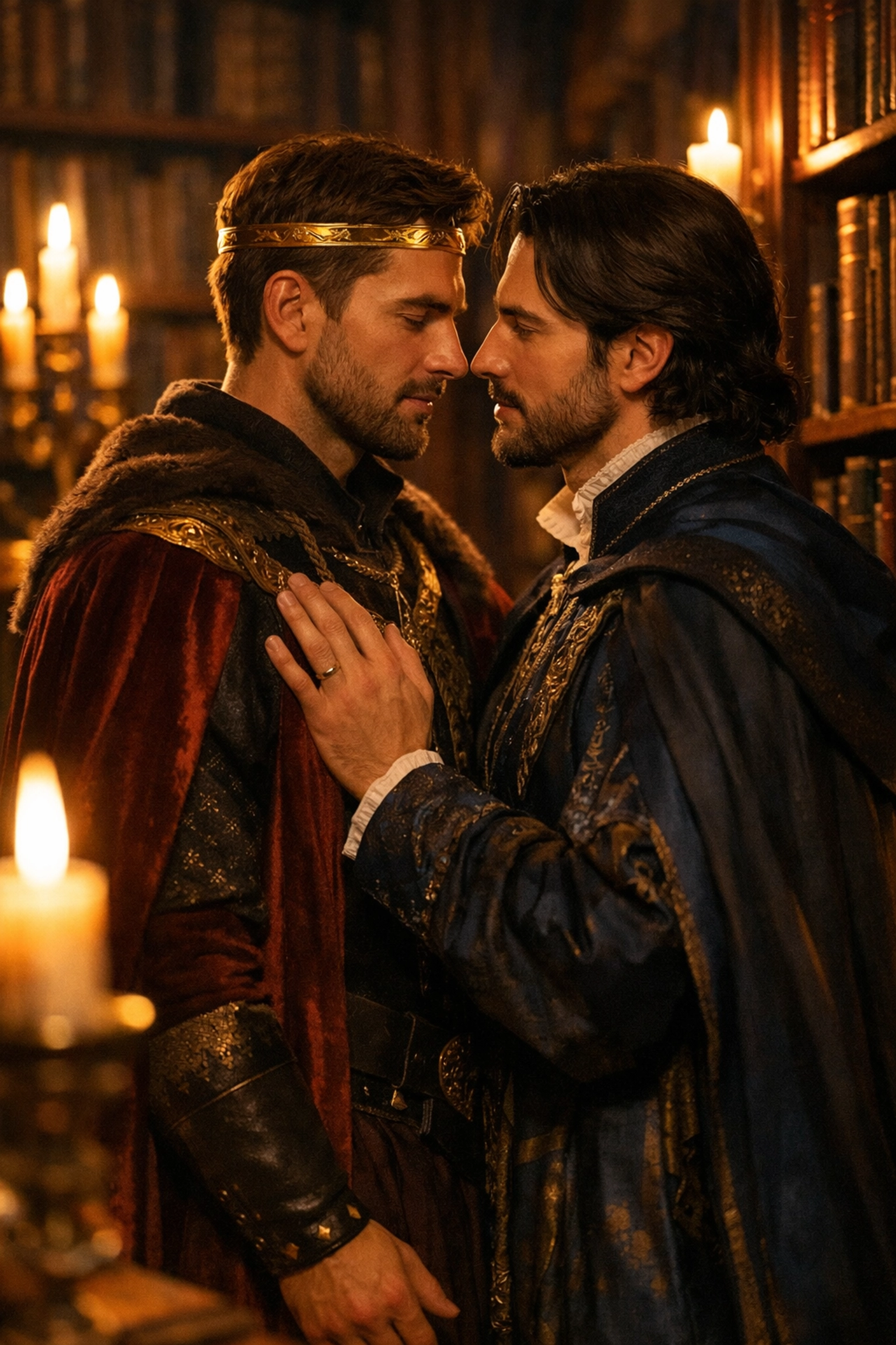 A king and his male advisor in a royal library, capturing the slow burn of a gay historical romance.
