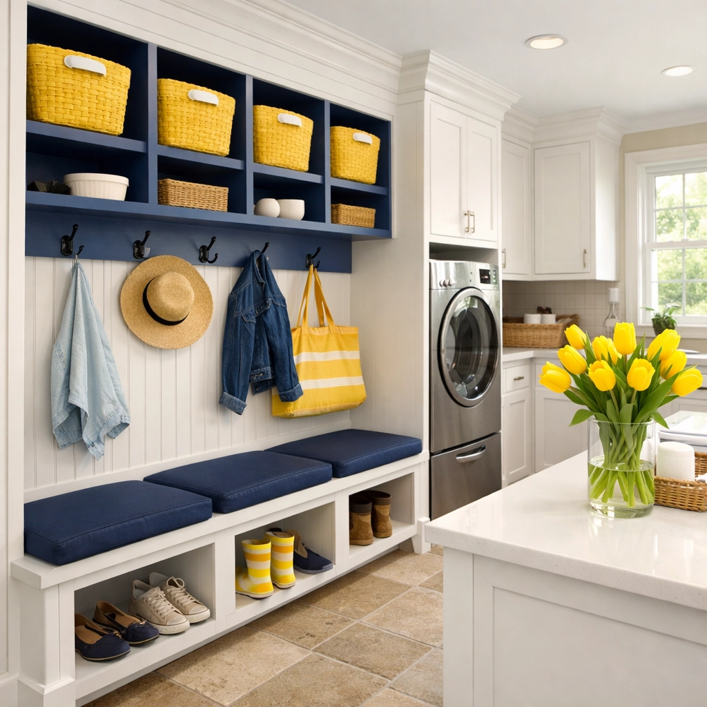 Clean and organized mudroom in Dover using eco-friendly residential cleaning Massachusetts techniques.