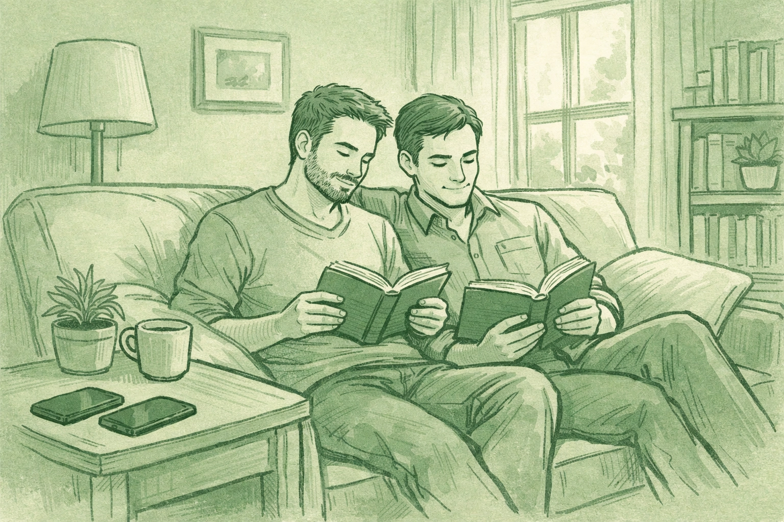 MM couple reading LGBTQ+ books during digital sabbatical at home
