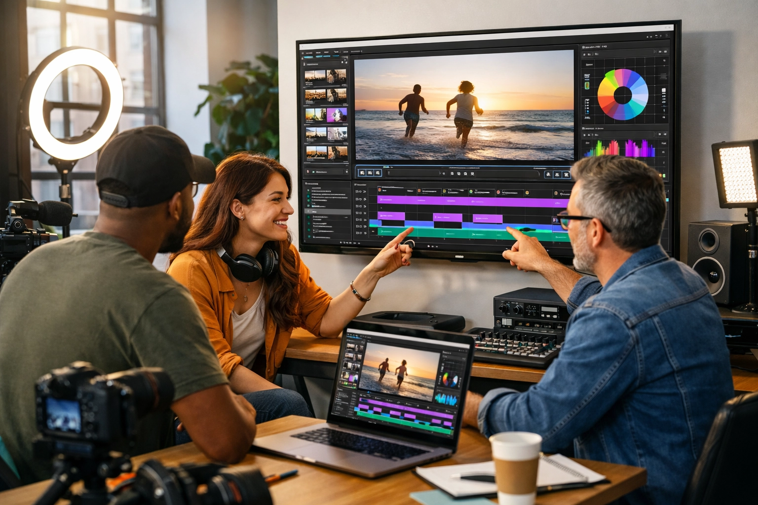 Content creators reviewing video footage on display in modern pod workspace with production equipment