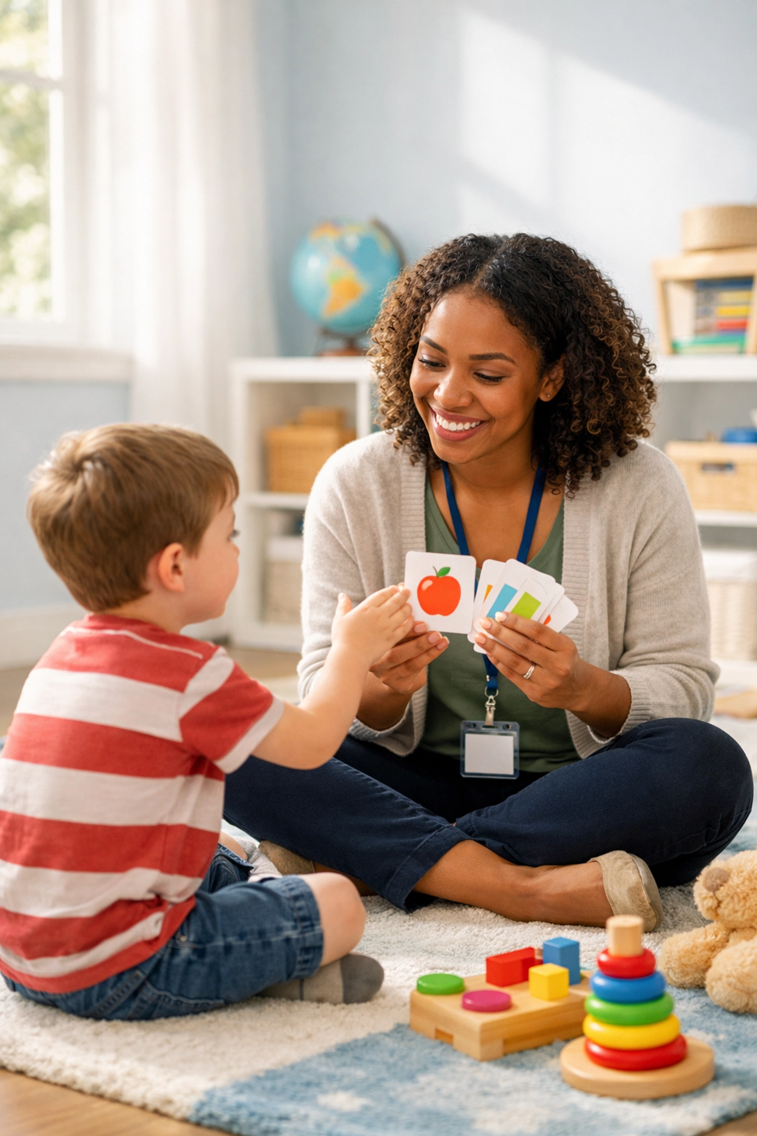 ABA therapist working one-on-one with child using picture cards during direct therapy session