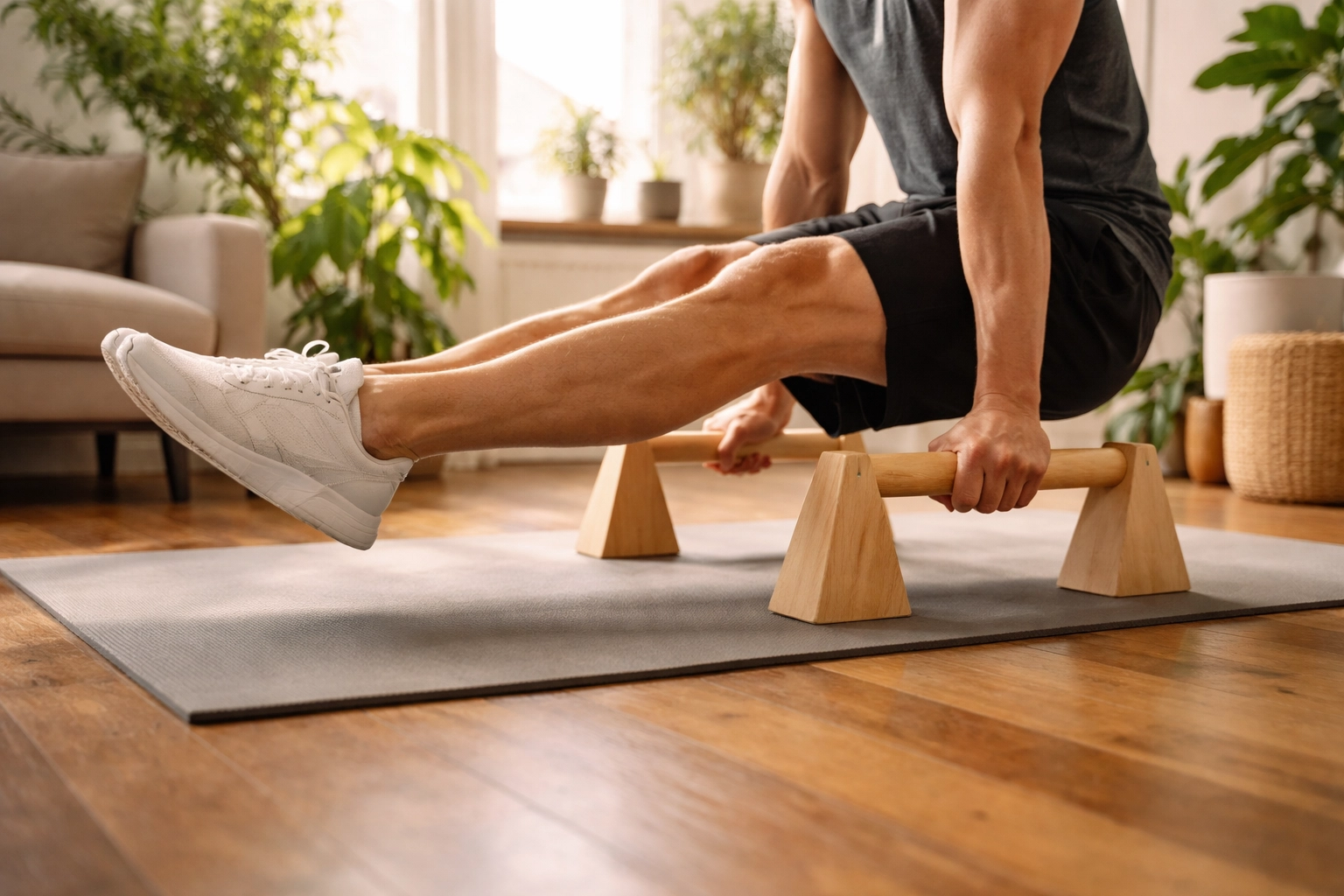 Athlete gripping parallettes in L-sit position with natural light, emphasizing portable calisthenics equipment for home gyms