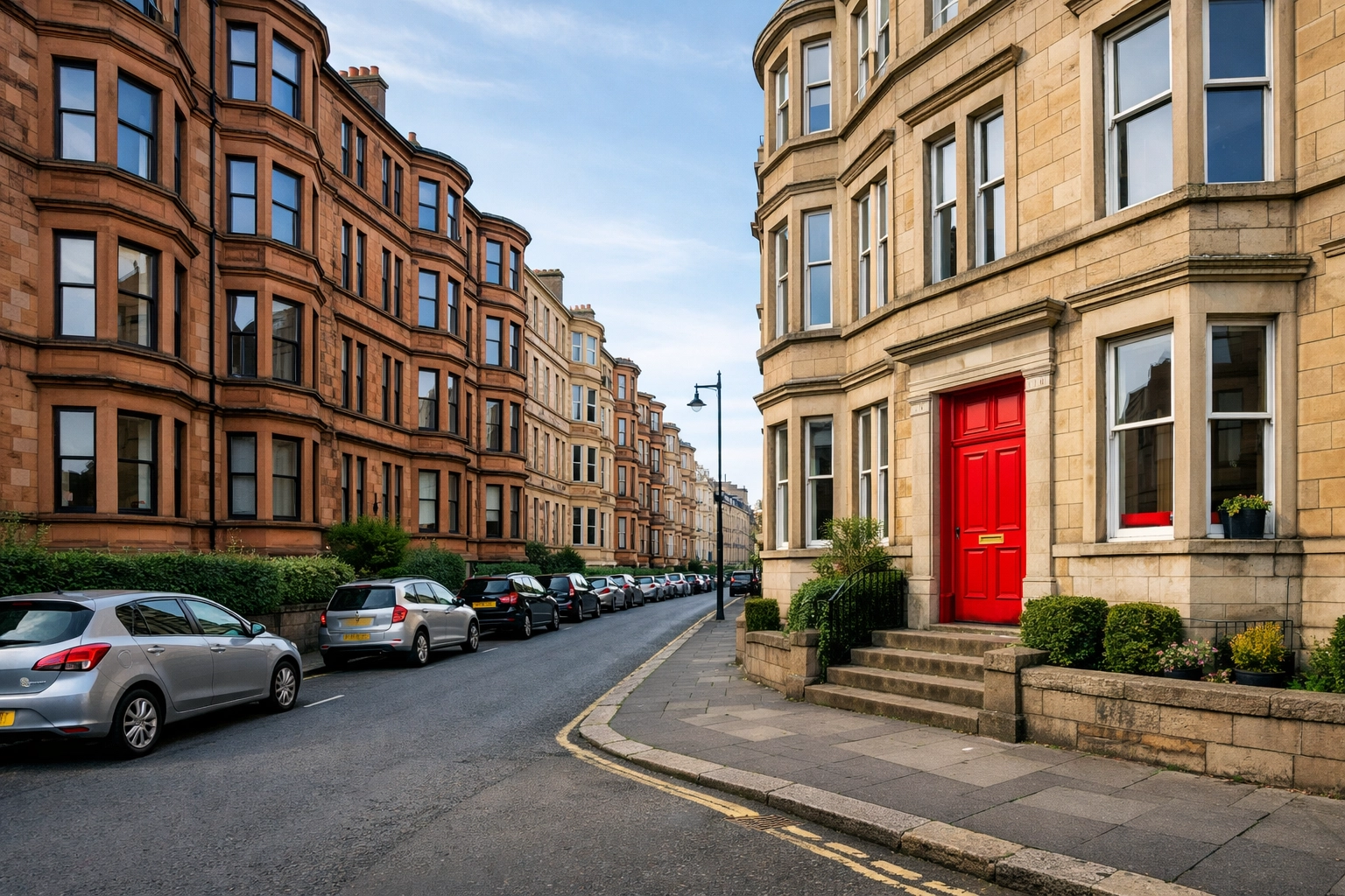 Traditional red sandstone tenement buildings and houses for sale in the G41 area of Glasgow.