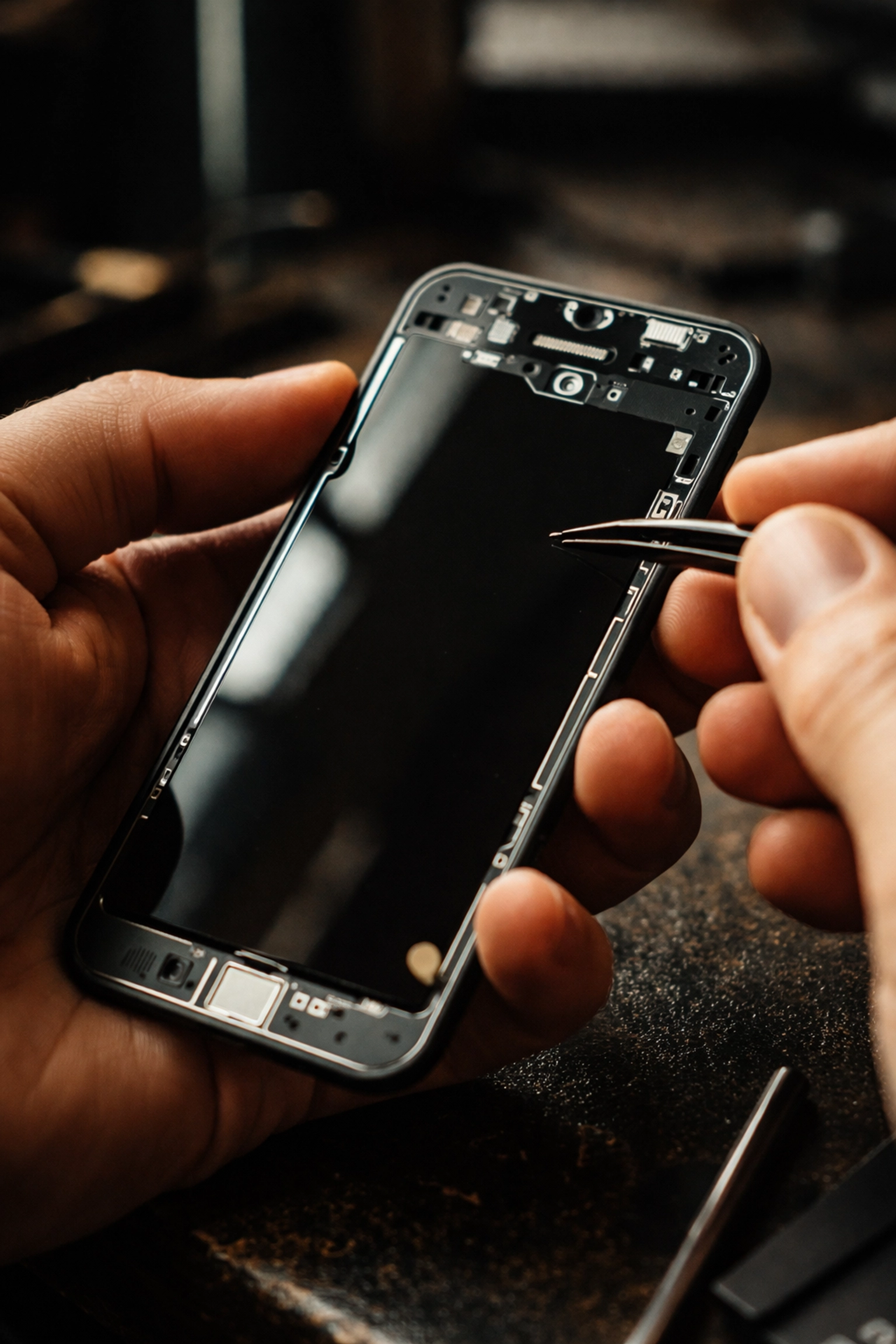 Close-up of technician hands inspecting a genuine iPhone screen, representing high-quality OEM parts for repairs.