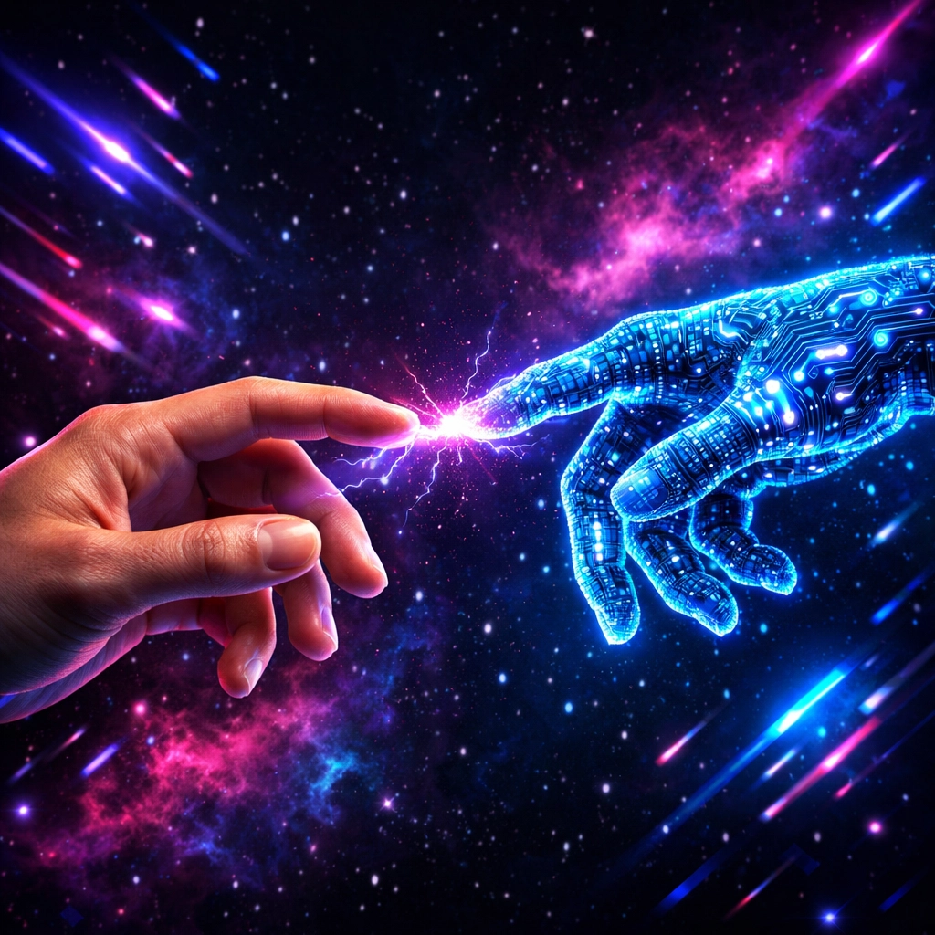 Human hand reaching toward digital AI hand showing gap in intimacy connection