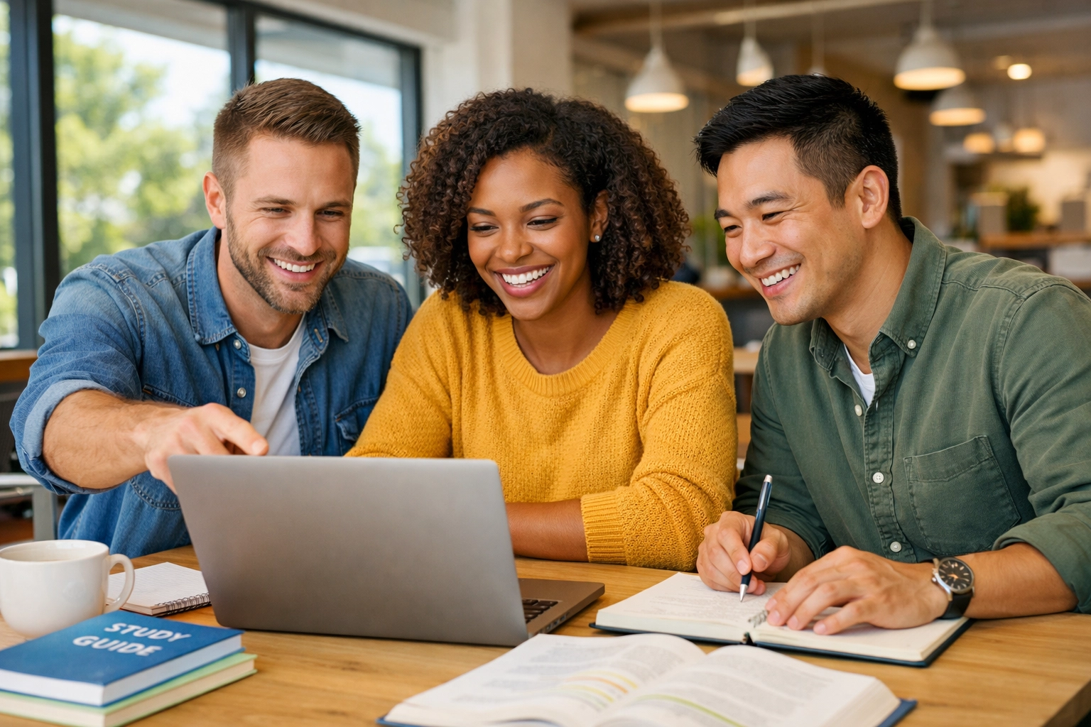 Working professionals collaborating on college credit exam preparation in supportive study group