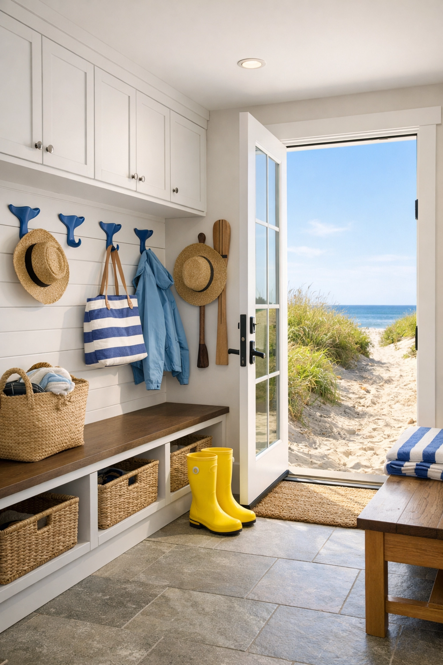 Organized Wellfleet mudroom with beach views, highlighting the benefits of bi-weekly house cleaning services.