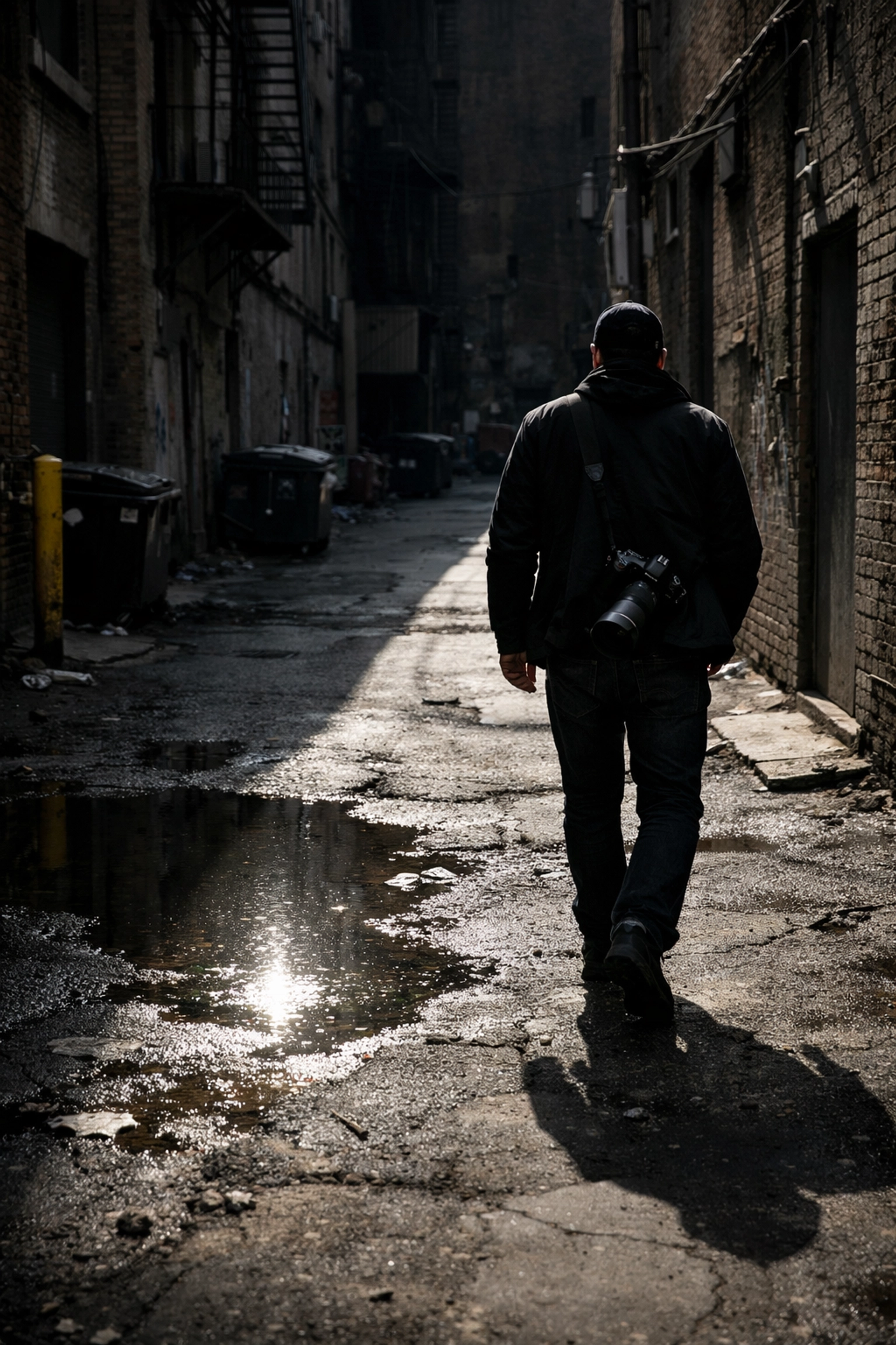 Street photographer exploring a sunlit industrial alleyway to find authentic, hidden photo spots near me.