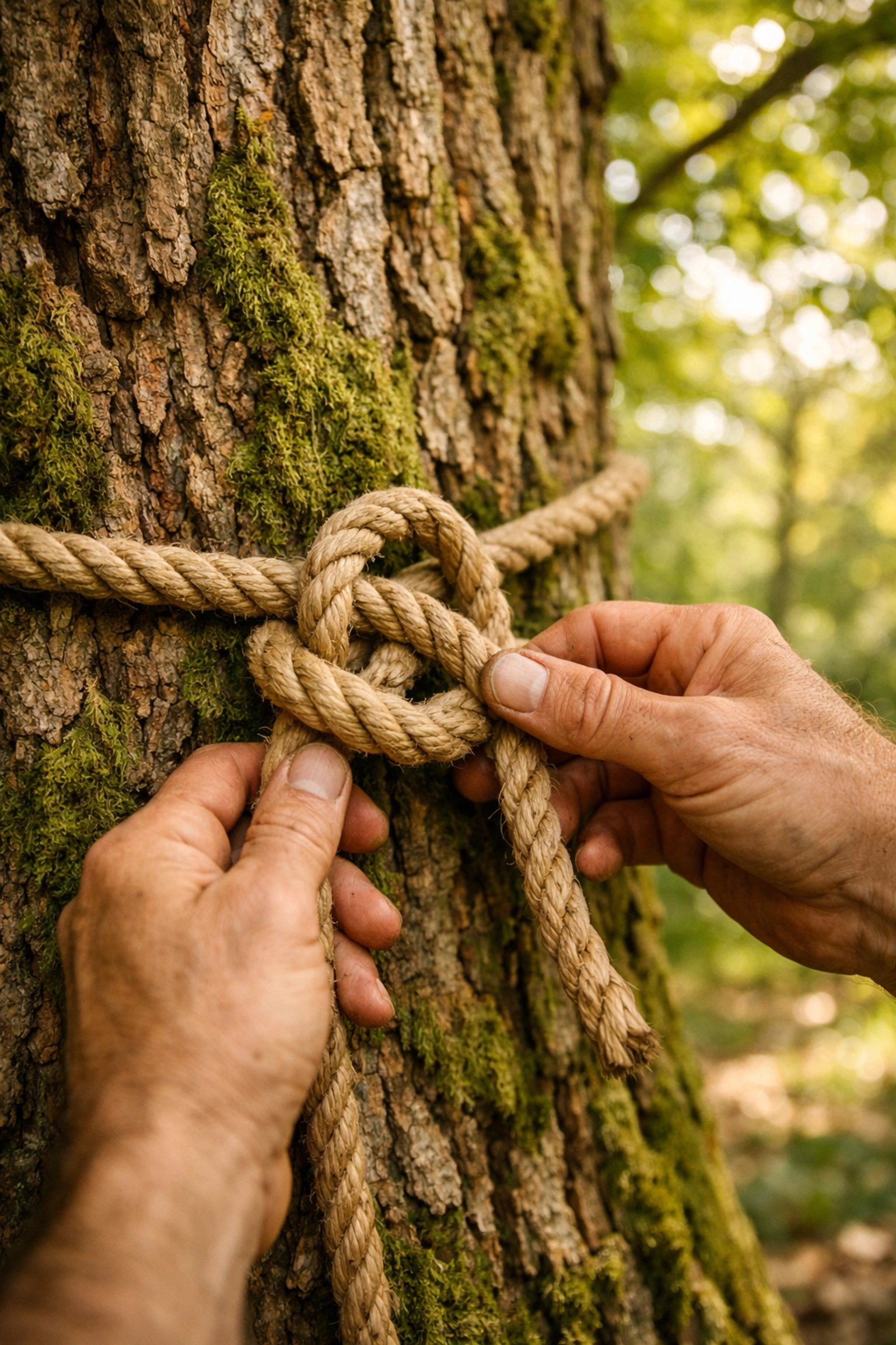Hands tying a secure Bowline knot around a tree trunk for wild camping guided UK.