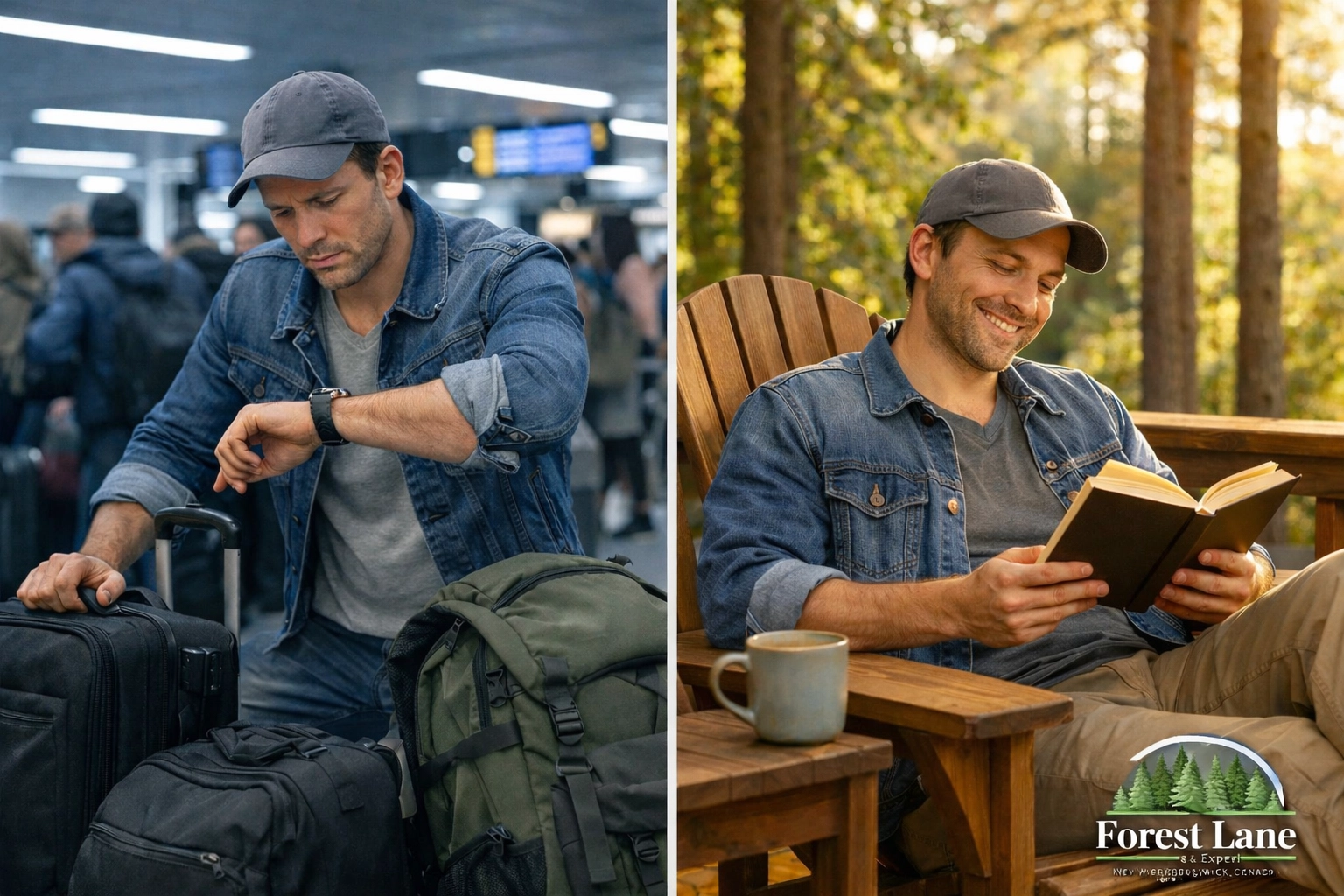 Comparison of stressful airport travel versus relaxing forest cabin vacation experience