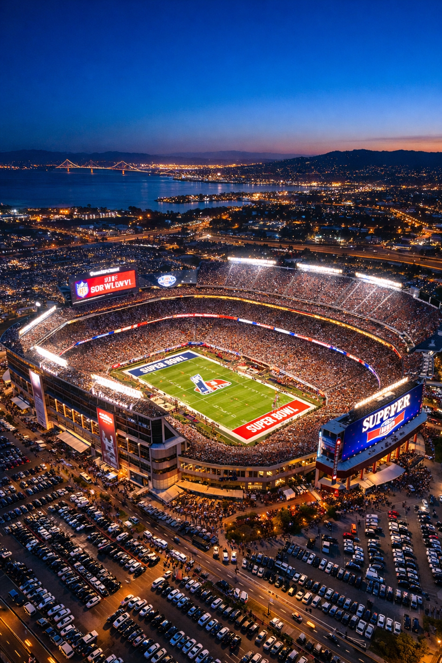 Aerial view of a packed stadium at night highlighting the scale of venue-wide Super Bowl advertising.