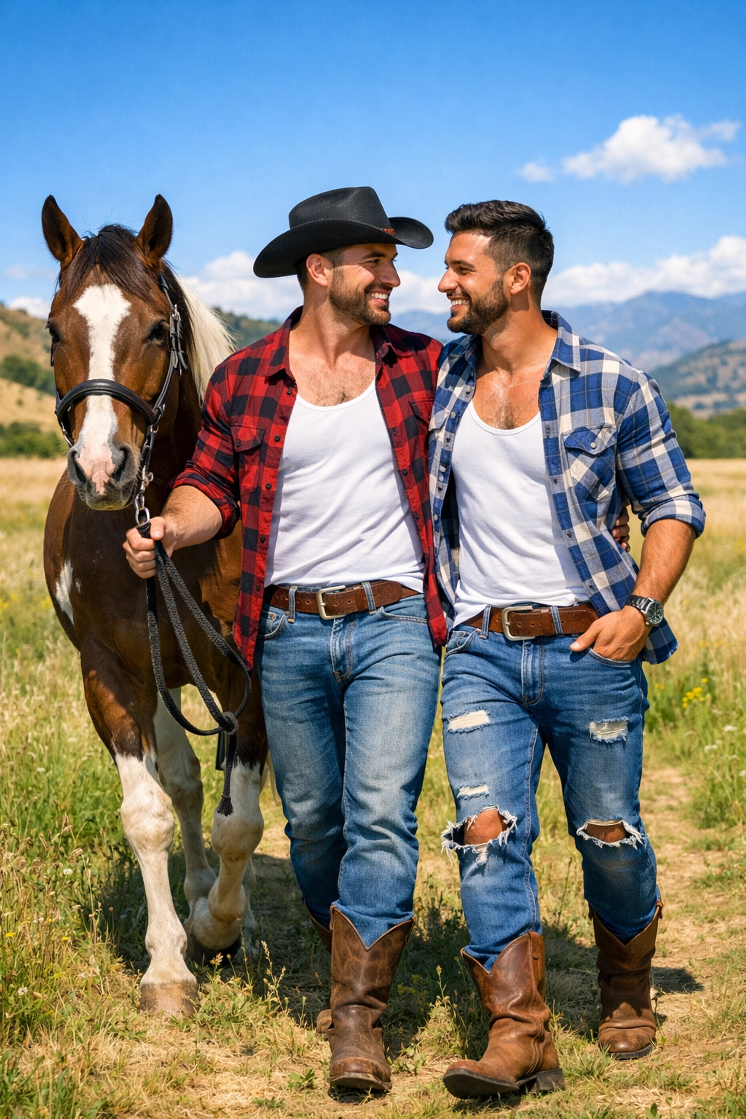 A modern gay couple walking with their horse in a meadow, reflecting the joy found in contemporary gay romance.