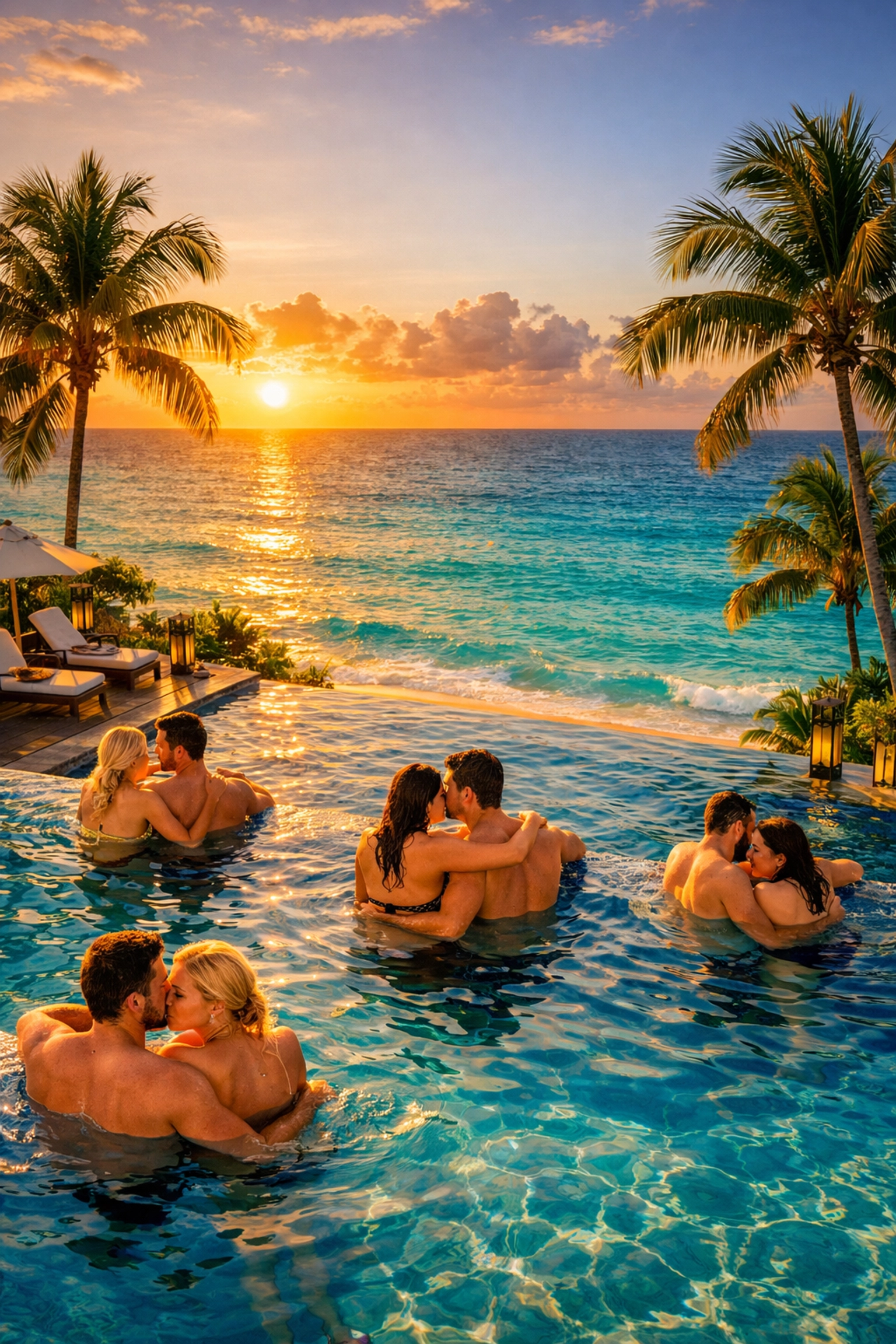 Clothing-optional infinity pool at lifestyle resort with couples enjoying oceanfront views