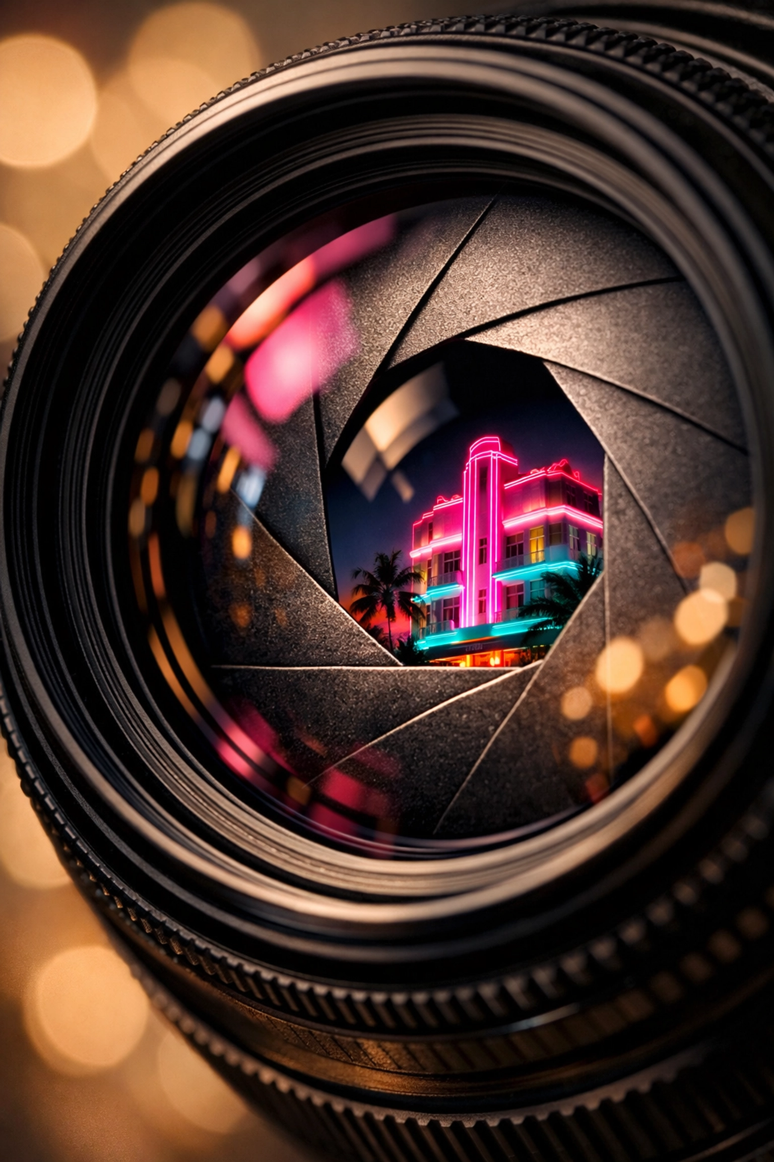 Close-up of a professional camera lens reflecting Miami Art Deco neon lights, symbolizing commercial photography precision.