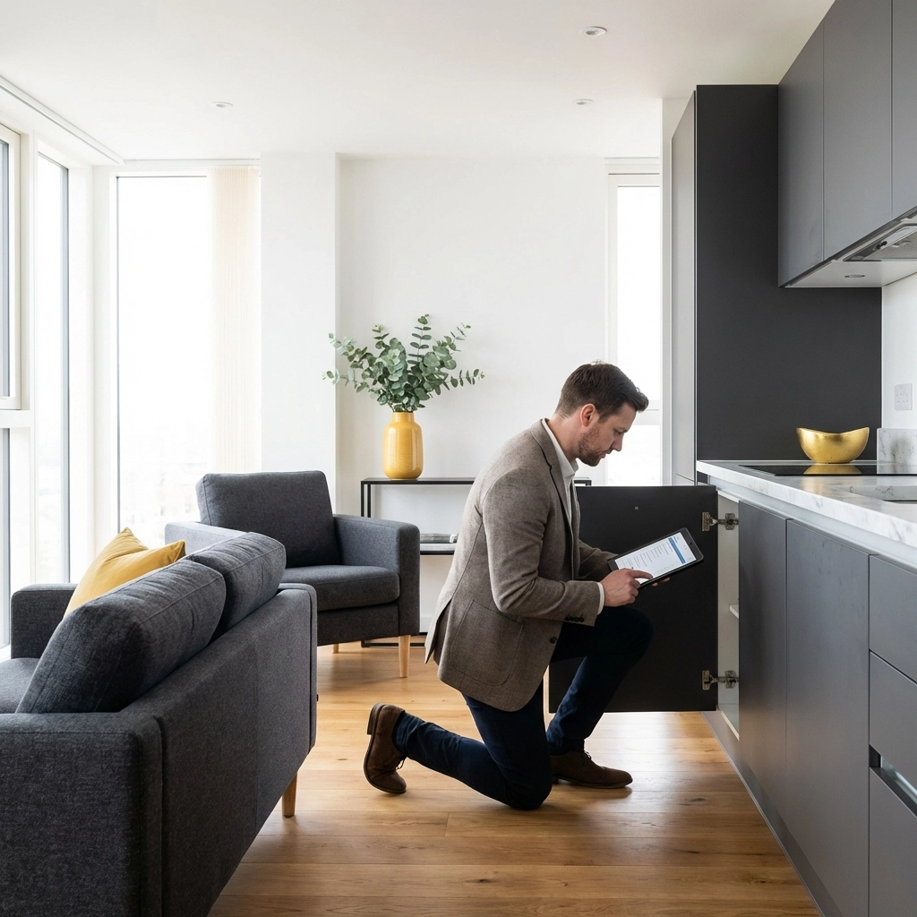 Inventory clerk conducts thorough property inspection in modern apartment kitchen for precise inventory reporting.