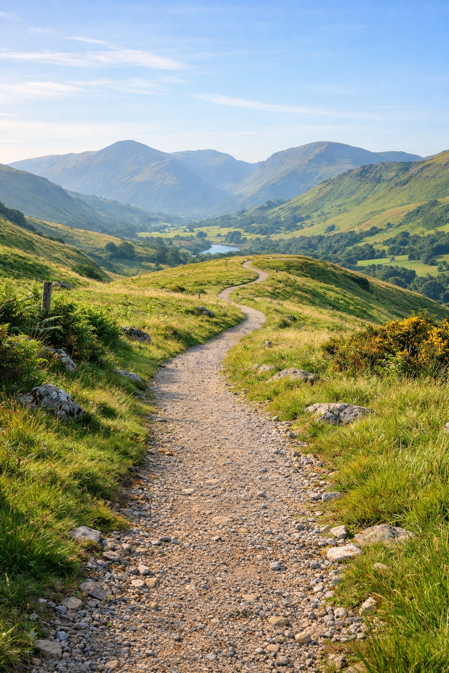 Scenic beginner-friendly gravel hiking trail in the Lake District hills during the morning.