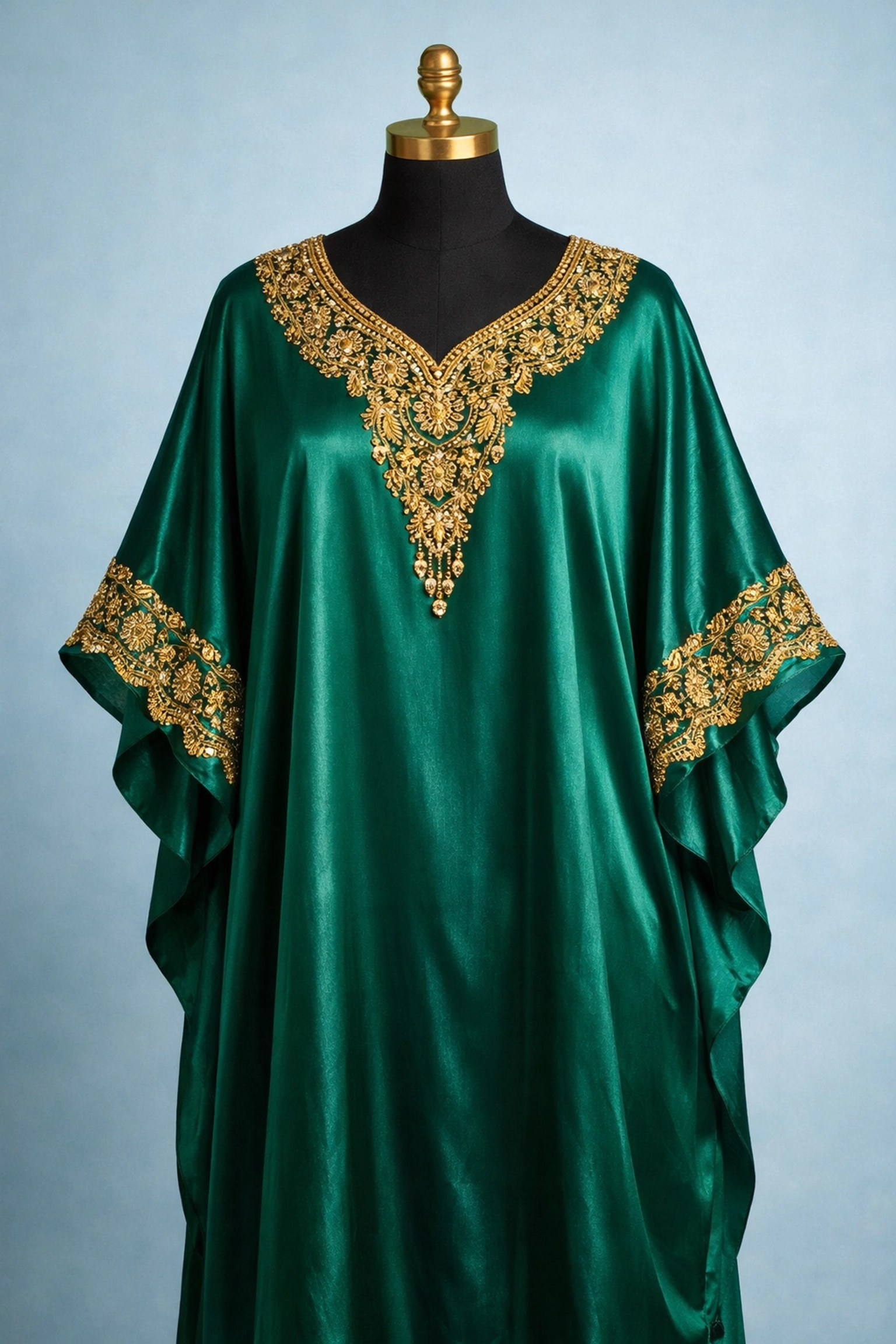 Emerald green embroidered African bubu dress with gold beadwork detail