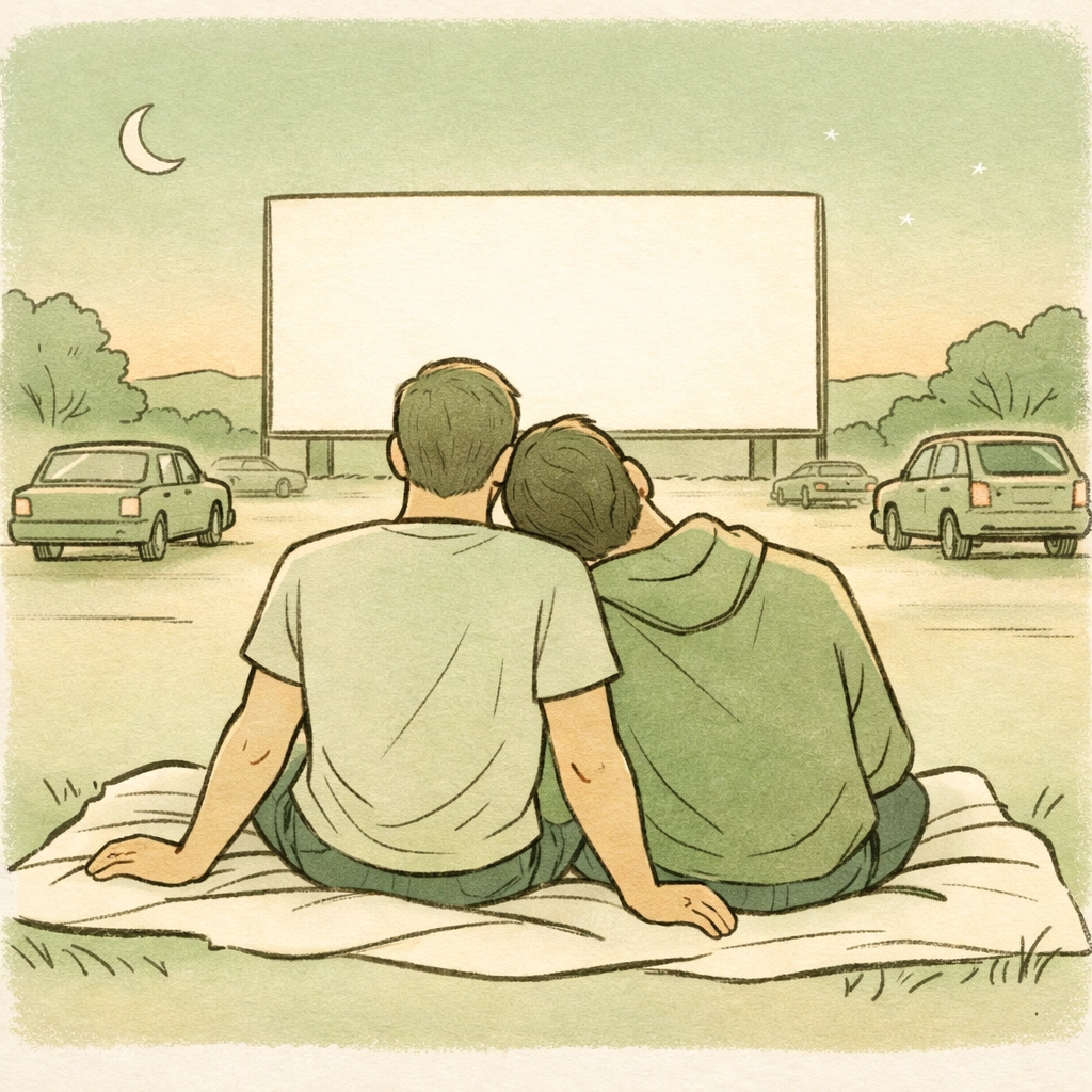 Gay couple enjoying intimate drive-in movie evening - quiet summer date idea for introverts