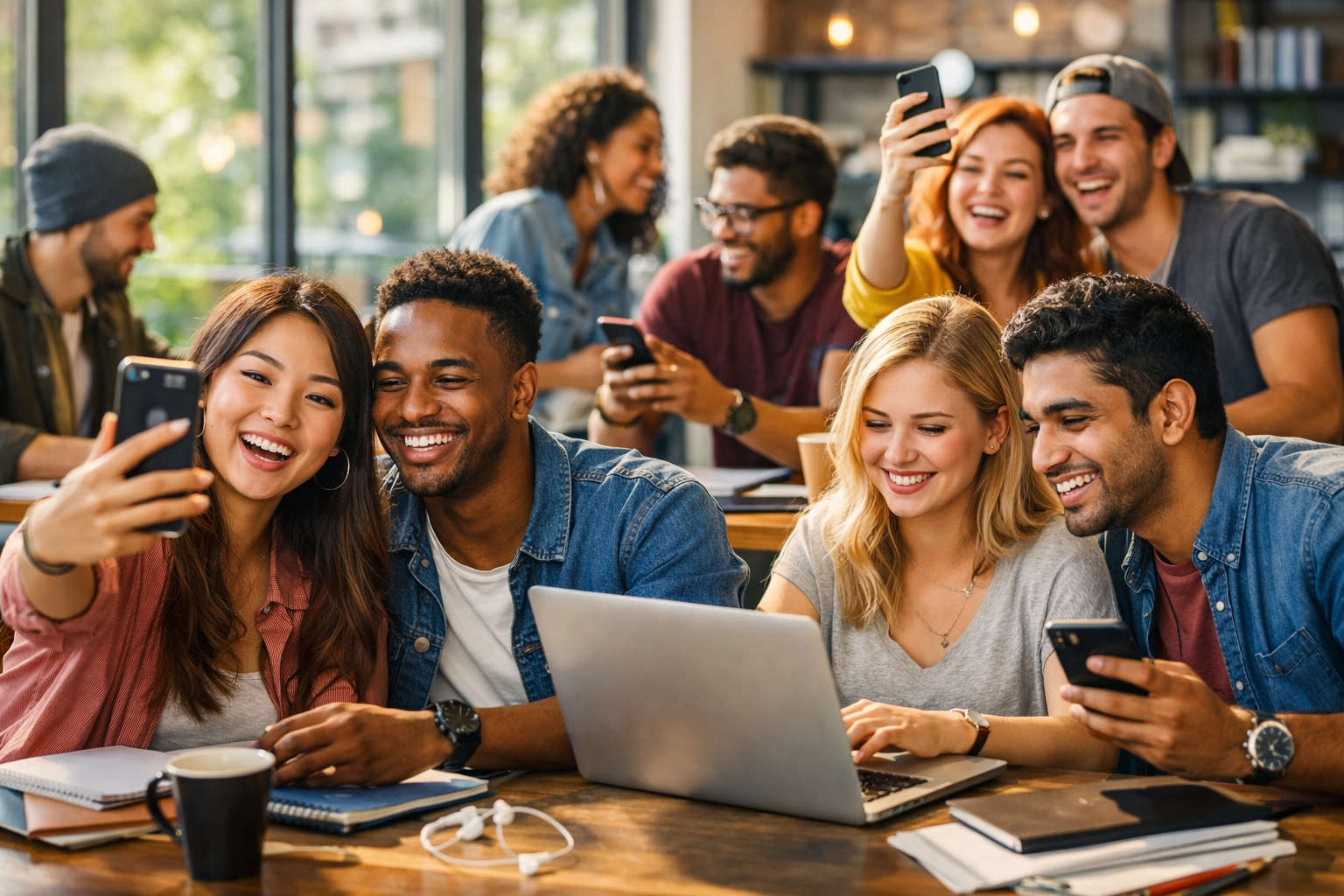 Young professionals creating social media content and engaging digitally in collaborative workspace