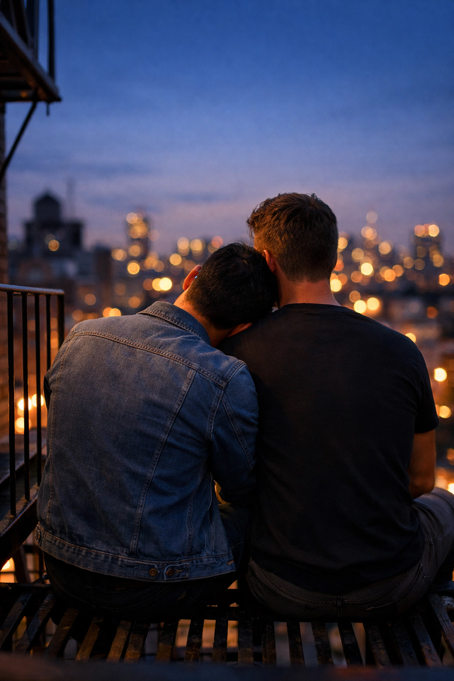 Two men sit together on a fire escape overlooking a city, symbolizing real intimacy in MM romance and gay fiction.