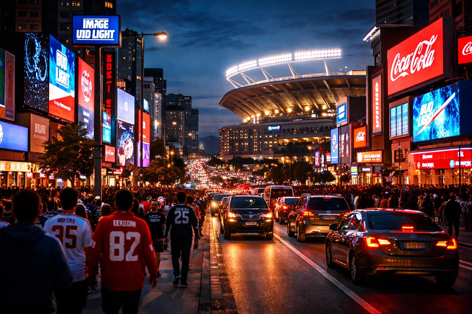Fans in team jerseys walk past digital billboards with sports ads near a busy stadium on game day at dusk
