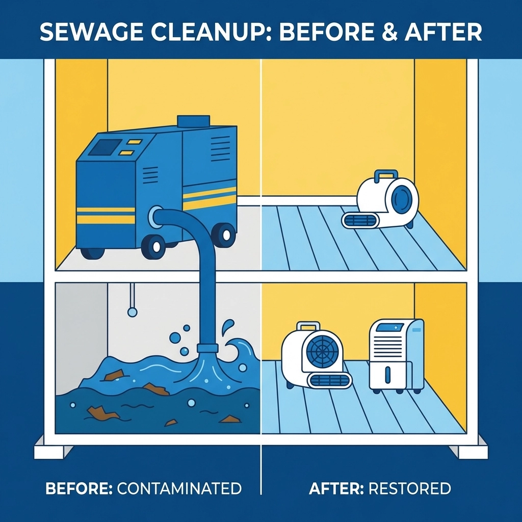 Split view of home showing sewage clean up in progress and a fully restored, clean room afterward
