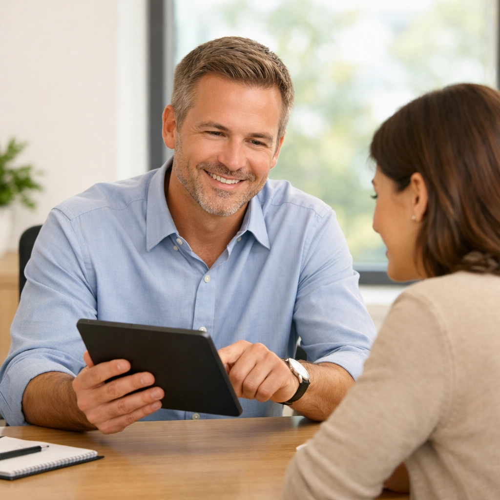 Loan Officer David Ryan Wynne reviewing FHA loan options with a client in a bright office.