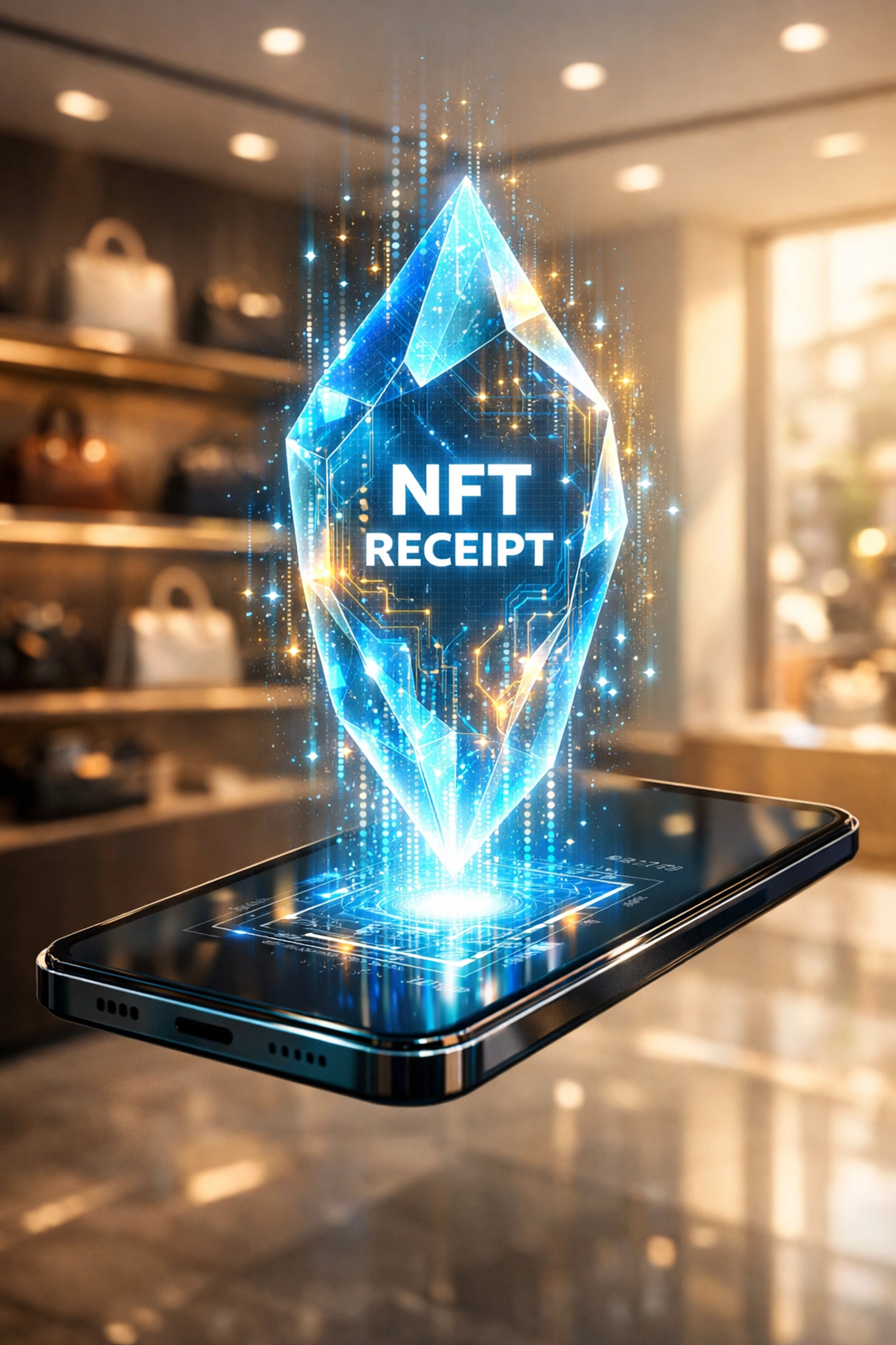 Secure holographic NFT receipt appearing on a smartphone in a retail store for Larecoin.ai merchant payments.