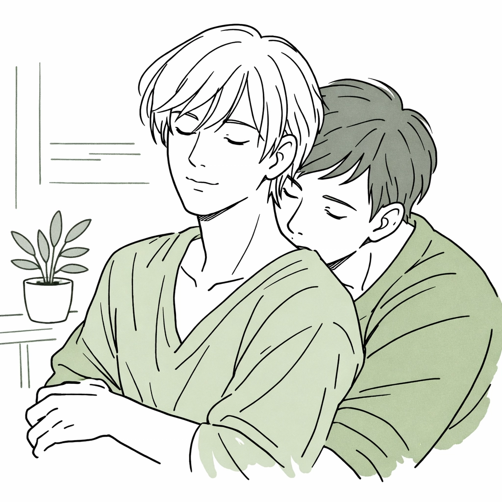 Minimalist illustration of a tender embrace between two men, celebrating non-binary identity and MM romance.