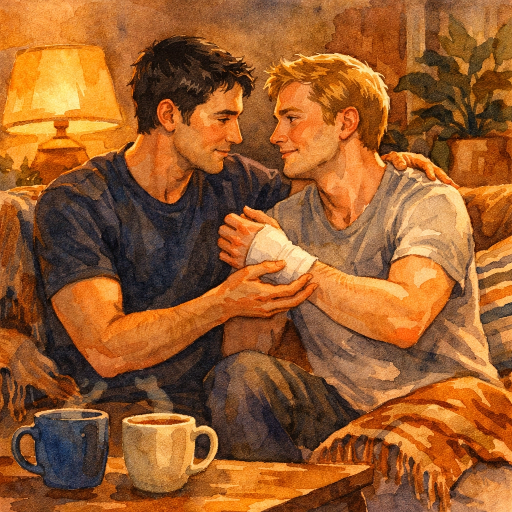 Two men bonding on couch during recovery - gay romance domestic intimacy scene