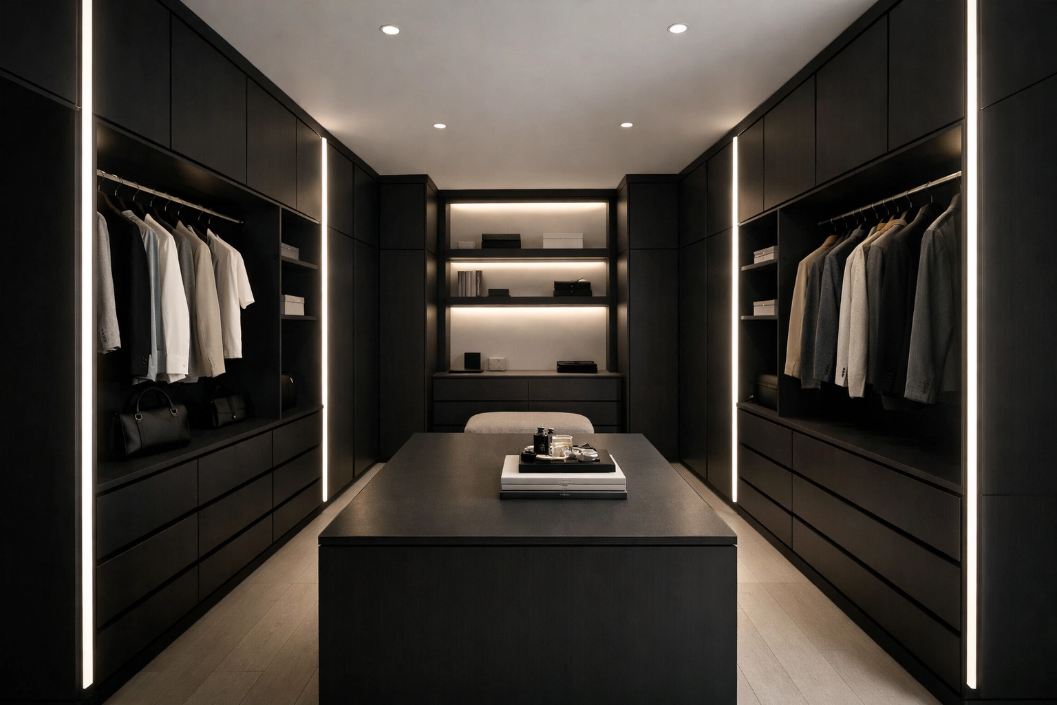 Luxury walk-in closet featuring vertical custom LED lighting strips in dark cabinetry.