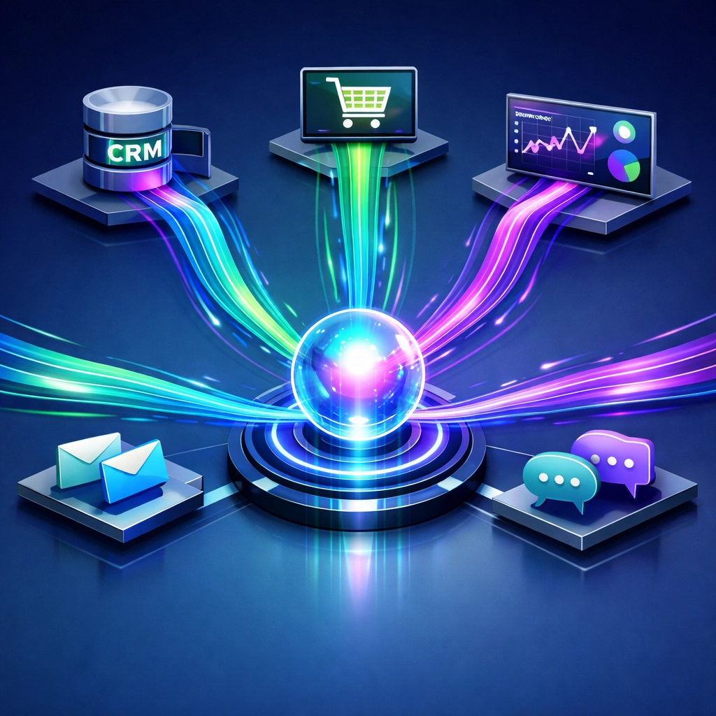 Multiple customer data sources connecting to centralized persona analytics platform