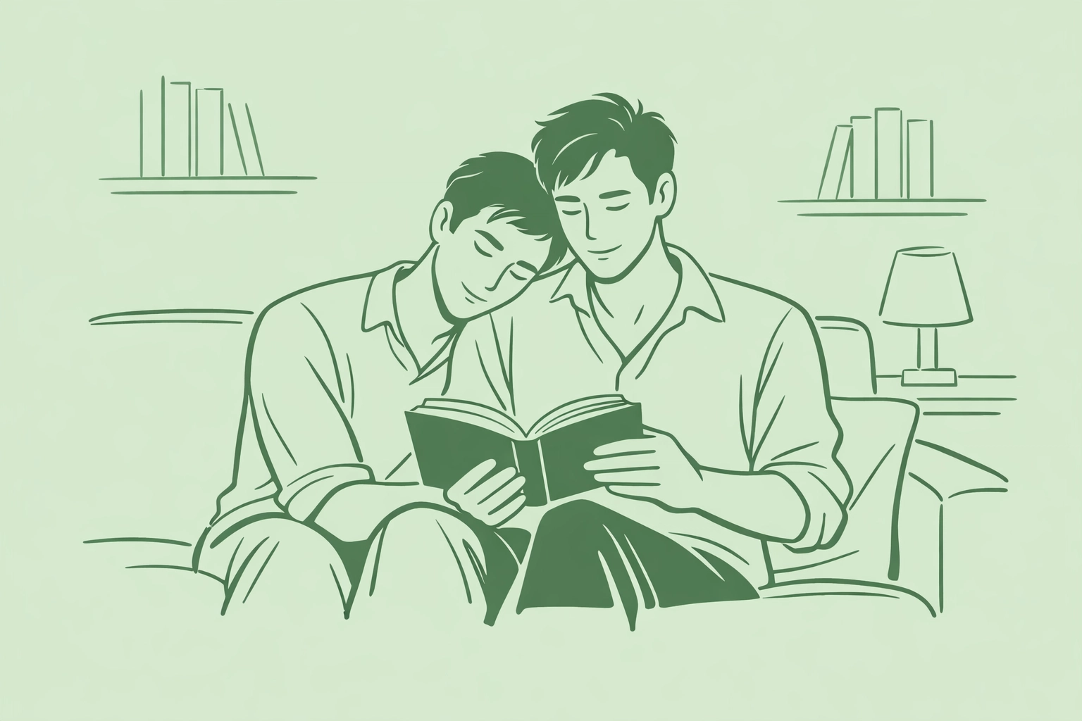 Two men reading a gay romance novel together, highlighting the power of representation in LGBTQ+ fiction.