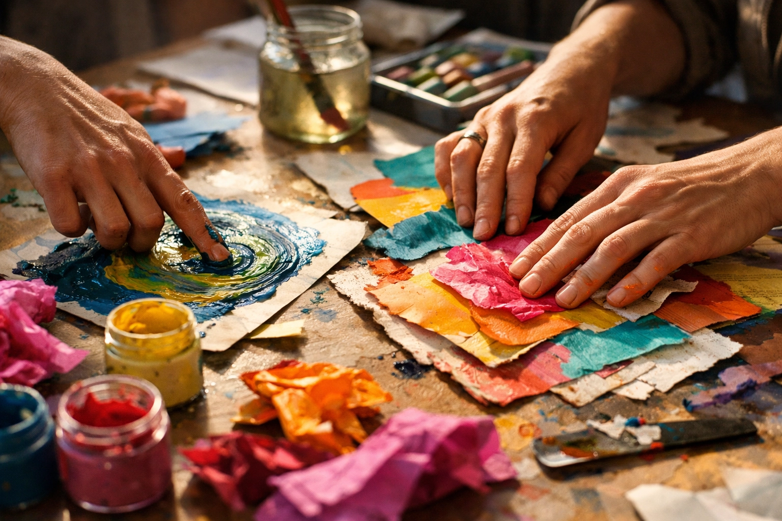 Hands collaborating with colorful art materials in tactile team building workshop
