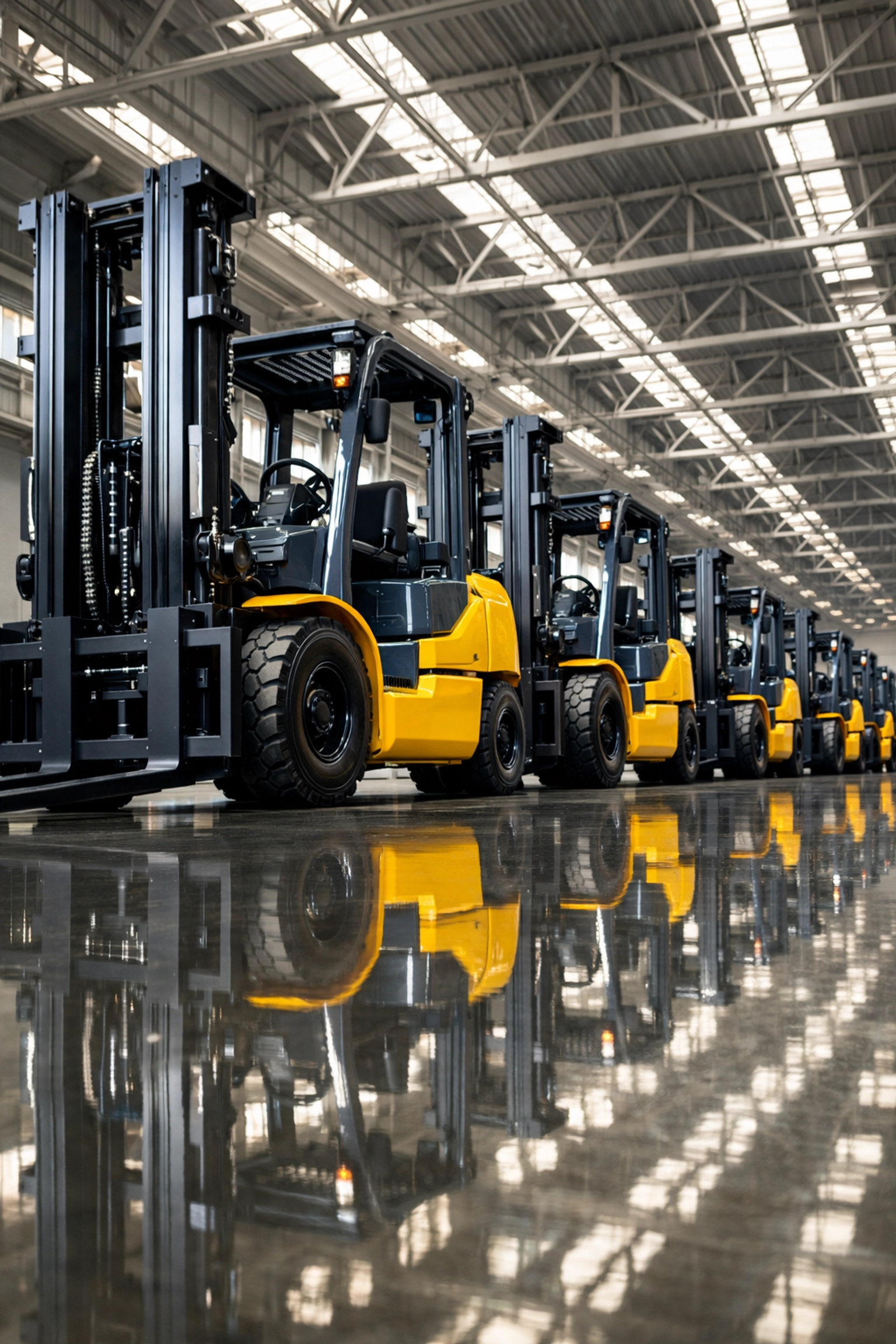 A perfectly organized fleet of heavy forklifts in a clean Houston material handling facility.