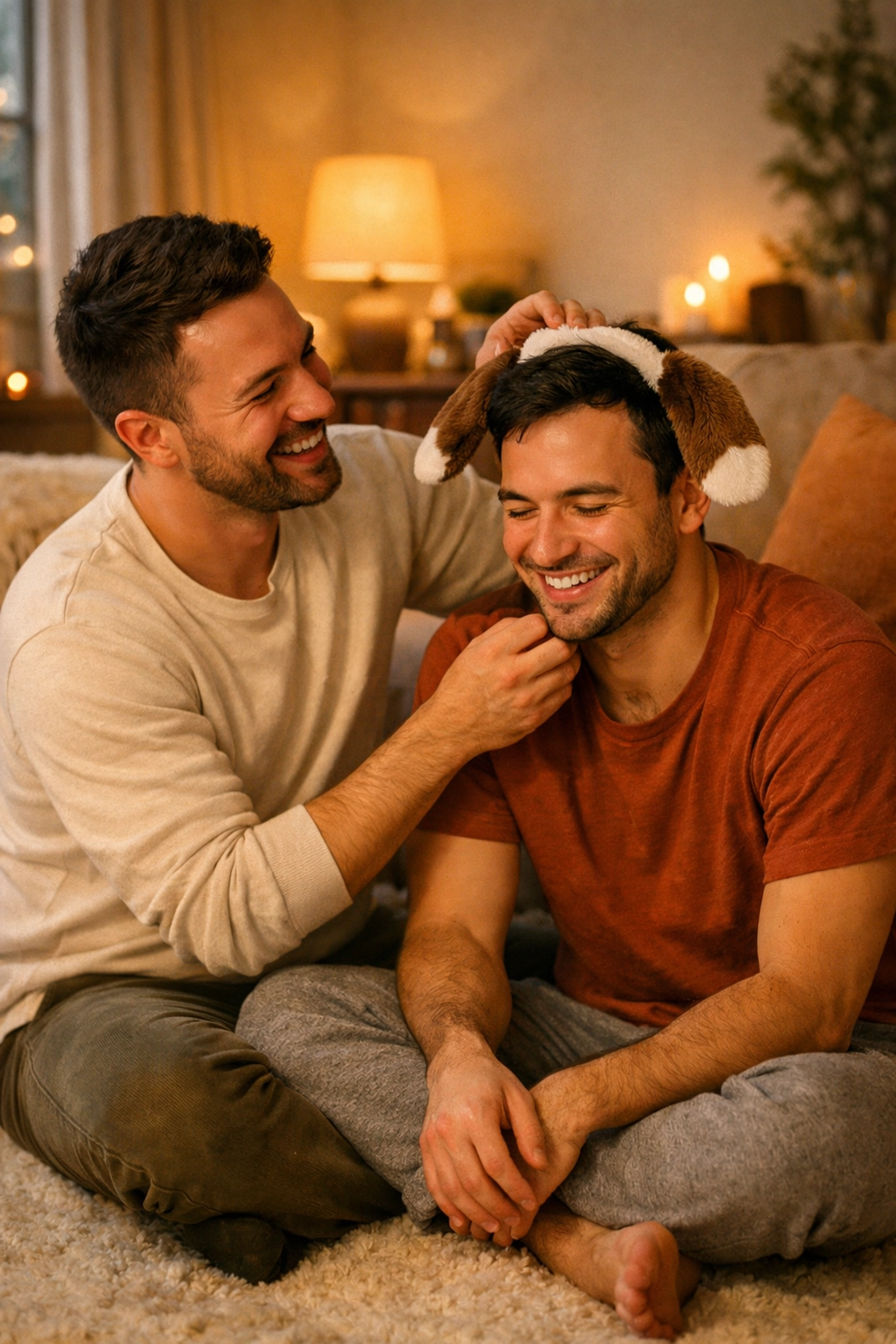 Two gay men exploring puppy play together for stress relief in comfortable home setting